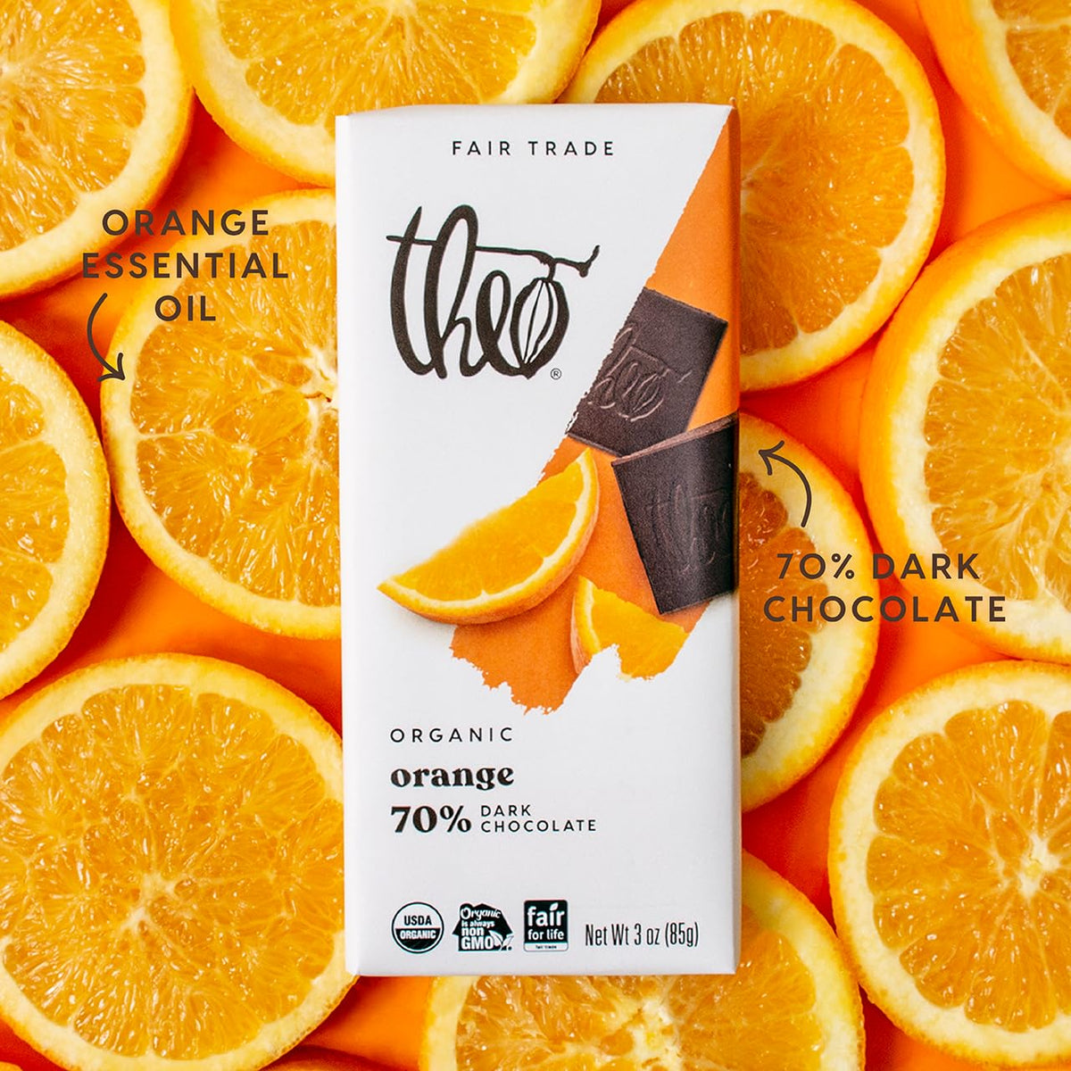 Theo Chocolate Orange Organic Dark Chocolate Bar, 70% Cacao, 6 Pack | Vegan, Fair Trade