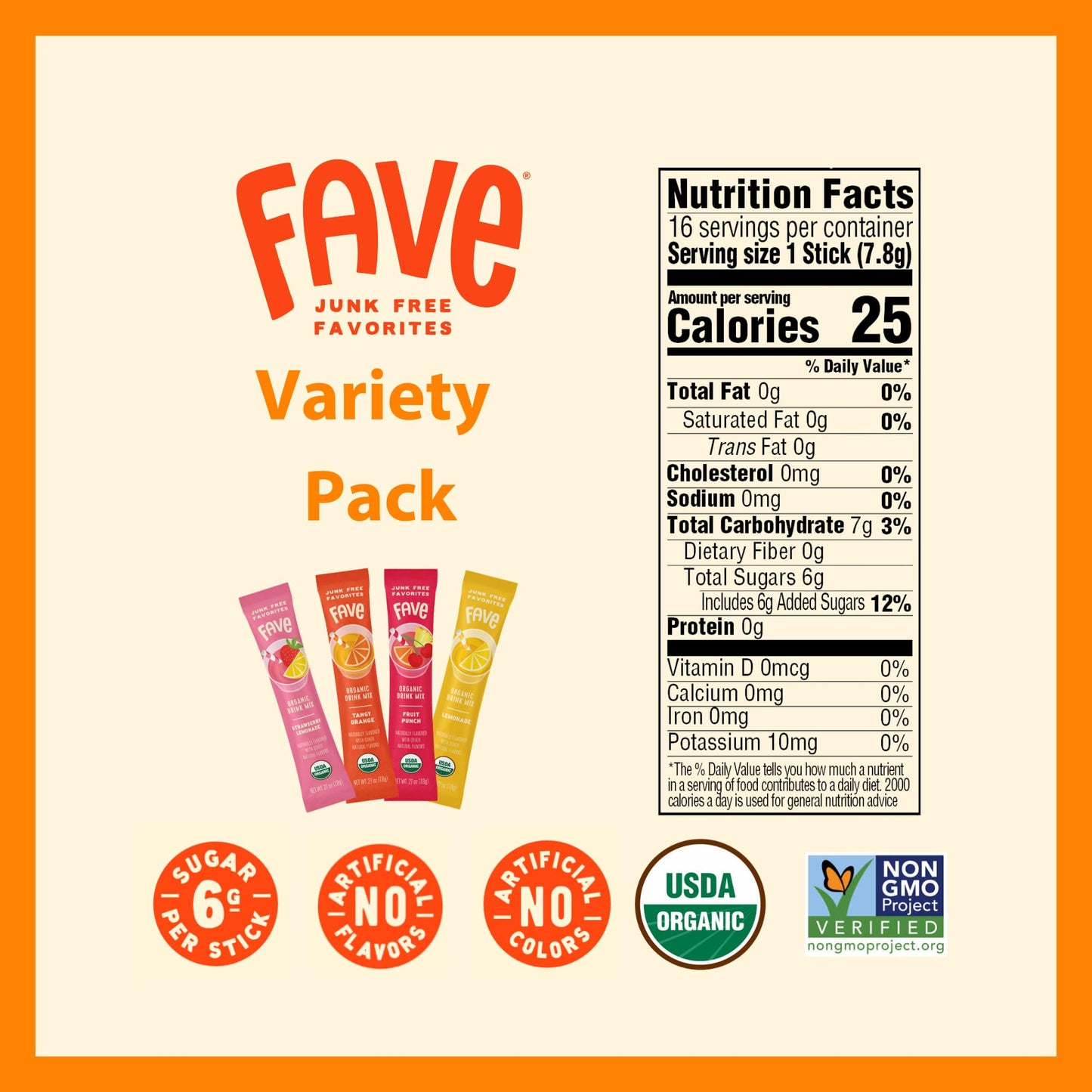 FAVE USDA Organic Drink Mix Variety Pack, 16 Stick Pouch | Lemonade, Strawberry Lemonade, Fruit Punch & Tangy Orange | No Artificial Colors or