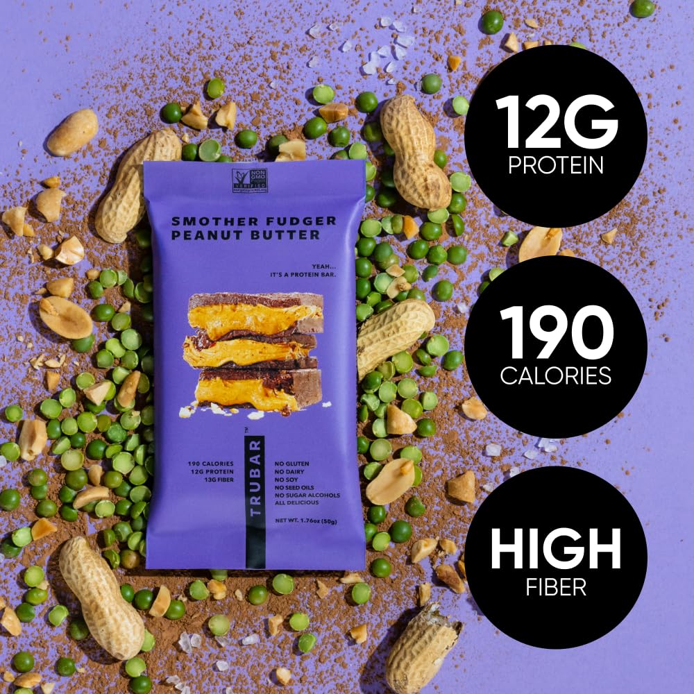 TRUBAR Vegan Protein Bar, Smother Fudger Peanut Butter, Gluten Free, Plant Based Protein, Dairy Free, Non GMO, Soy Free, No Sugar Alcohols, 12G