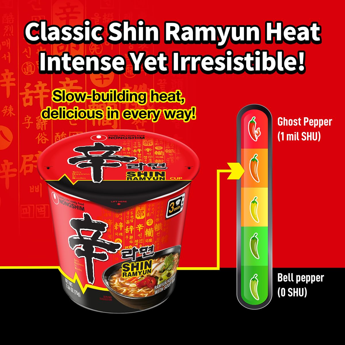 Nongshim Shin Ramyun Cup of Noodles, Spicy Signature Korean Instant Ramyun, Rich Beef Flavored Broth, Quick and Easy, Microwaveable Cup, 2.64 oz (Pack