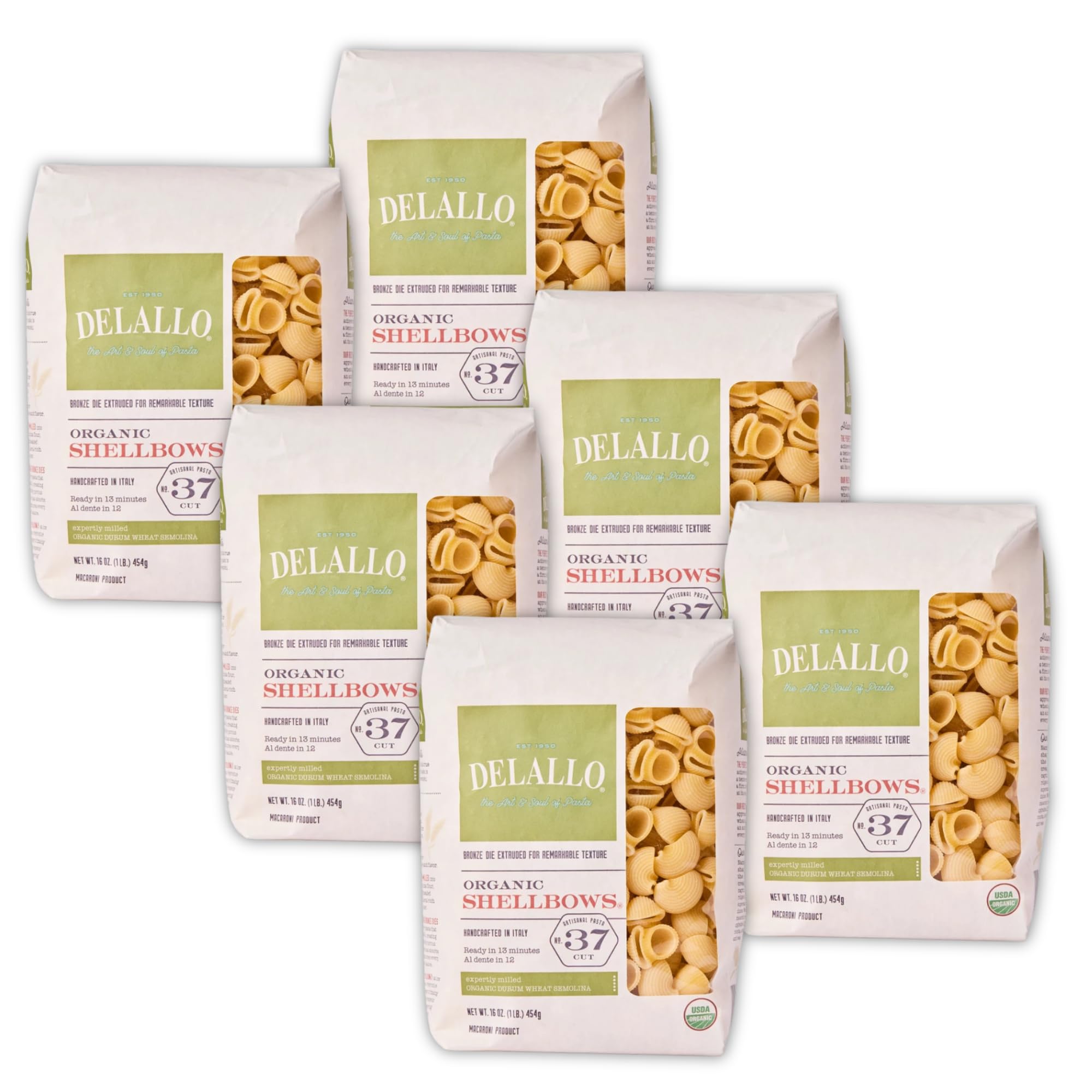 DeLallo Organic Shellbow Pasta, Unique Shell Shape, Vegan, Kosher, Non-GMO, Made in Italy with 100% Durum Wheat Semolina, Bronze Cut, 16 oz Bag, (6