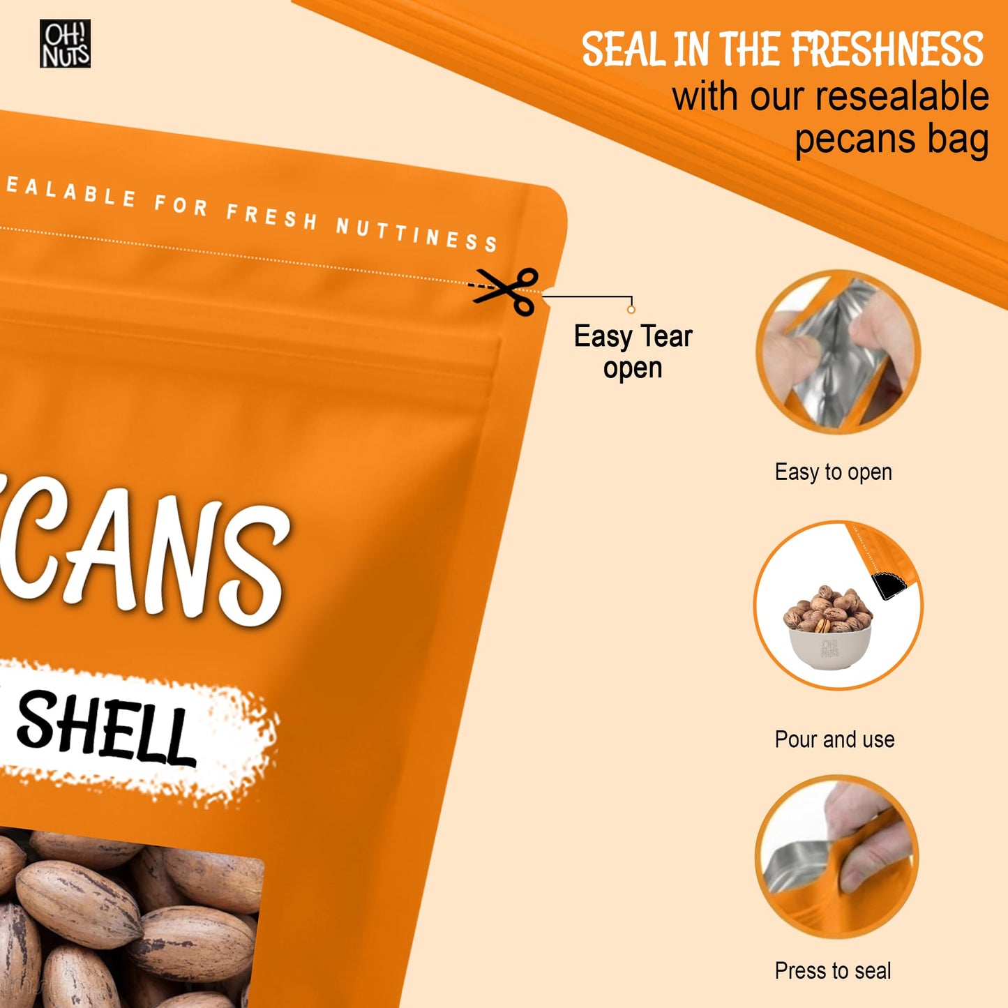 Oh! Nuts Pecans in Shell - Raw - 100% Natural - 2 lb - High-Protein Pecans - Packed in New York Zip-Seal Bag for Exceptional Freshness