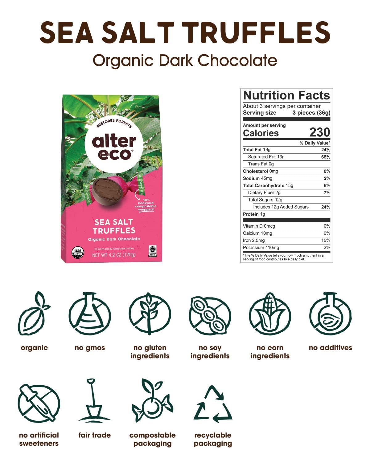 Alter Eco | Deep Dark Sea Salt Truffles | 58% Pure Dark Cocoa, Fair Trade, Organic, Non-GMO, Gluten Free Dark Chocolate Truffles (10 Count (Pack