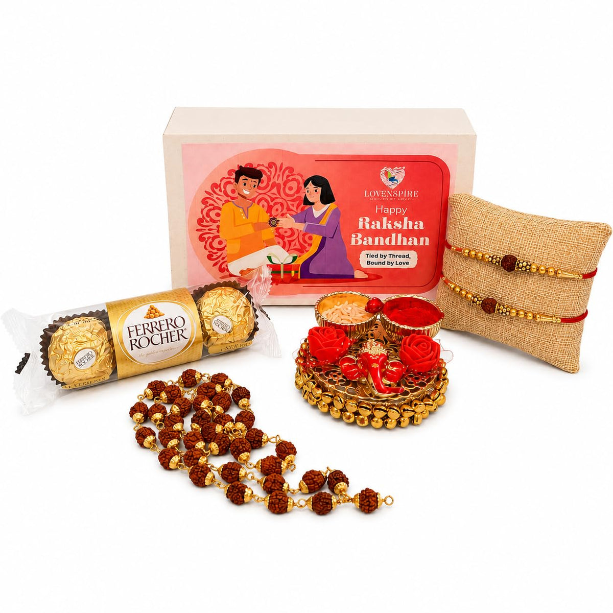 LoveNspire Raksha Bandhan Gift Hamper for Brother & Bhabhi - 2 Handmade Rakhi, Rudraksha Mala, Chocolates Pack, Greeting Card, Haldi Kumkum Holder