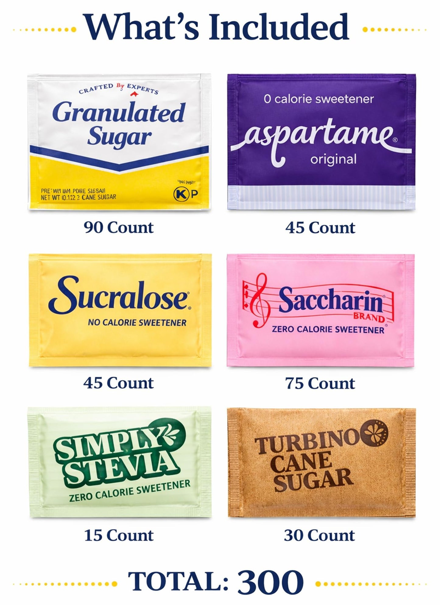 300 Count Sugar & Sweetener Packets Variety | White Sugar, Raw Sugar In The Raw, Zero Calorie Sweeteners | Coffee Sweetener Assortment | Individually