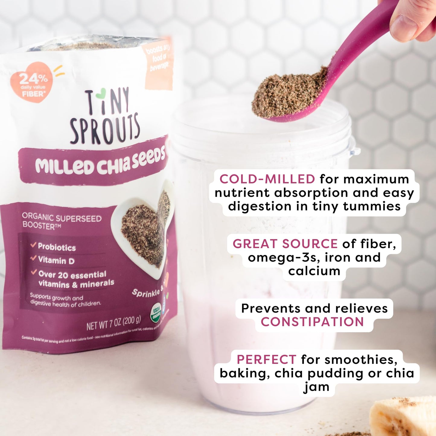 Tiny Sprouts Organic Milled Chia Seeds + Full Serving Probiotic with Vitamin D3 - Kids Superfood Nutrition Booster I Plant-Based Omega-3, Prebiotic