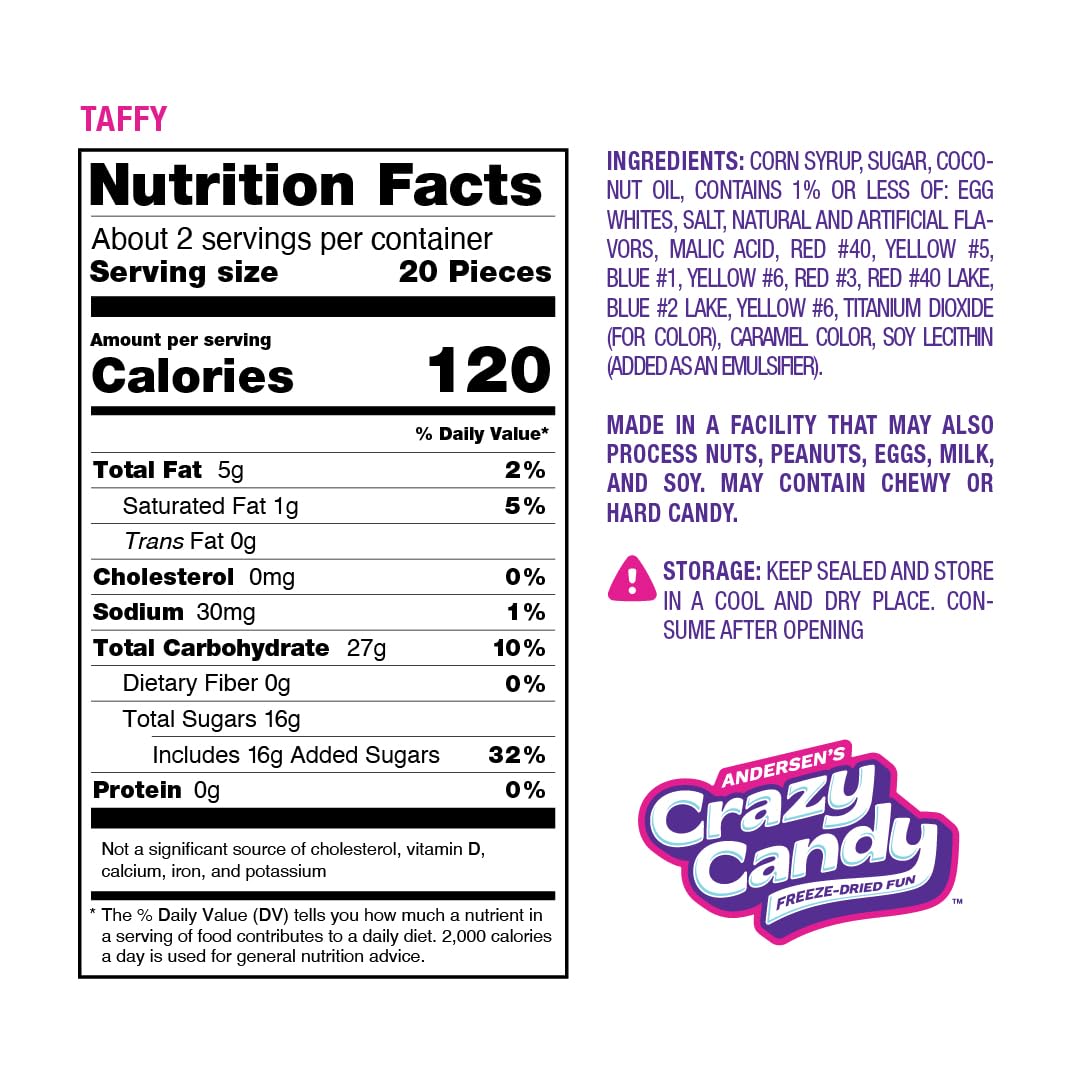 Crazy Candy Freeze Dried Taffy - Salt Water Taffy Transformed, Light Crispy Texture Sweet Candy, 2.4oz Resealable Bag, Made in USA