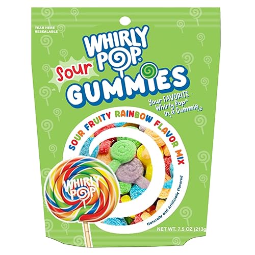 Whirly Pop Sour Gummies Candy - 7.5oz Resealable Bag (Pack of 1) - Lollipop Shape Rainbow Sour Gummy Candy with Mixed Fruit Flavors - Ideal Snack