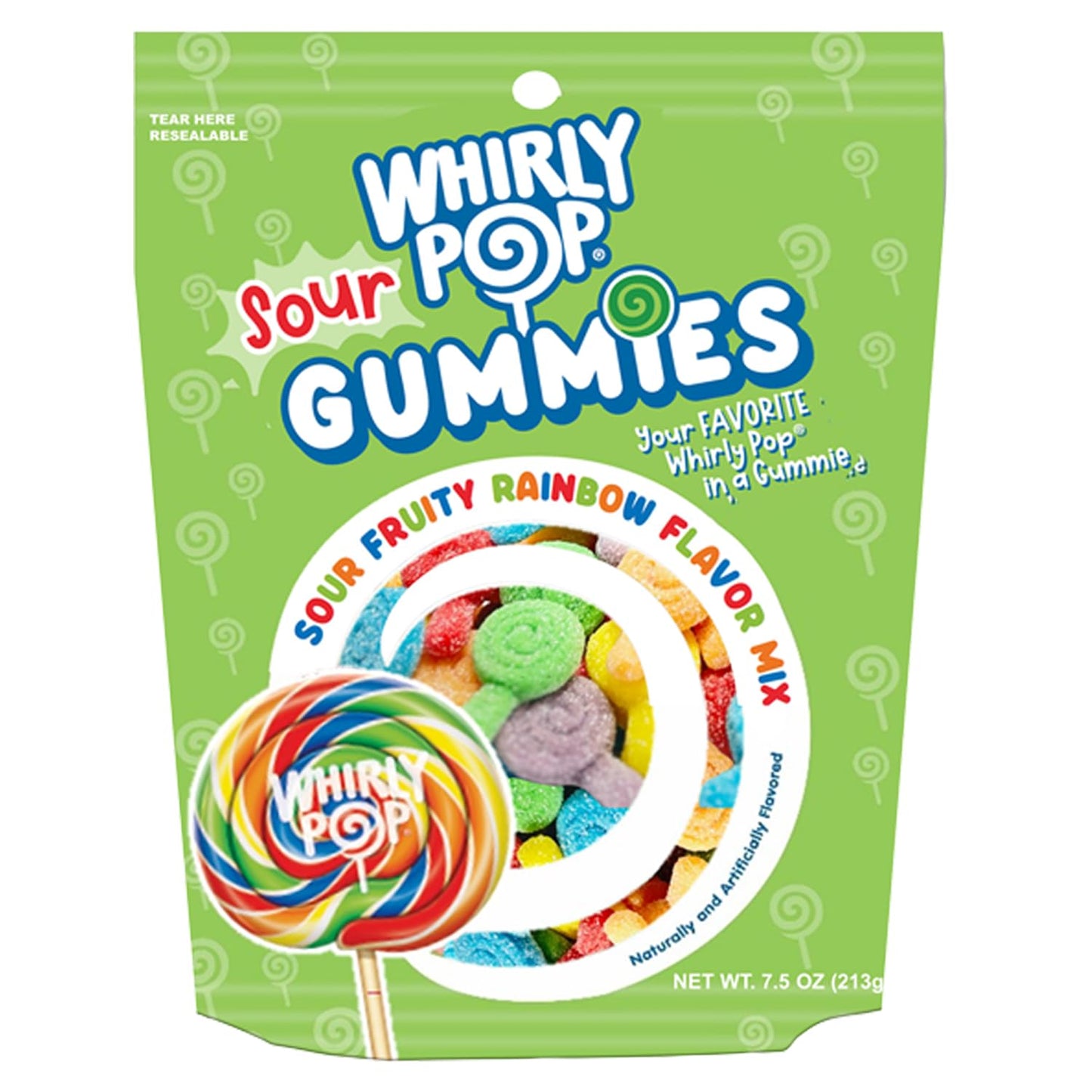 Whirly Pop Sour Gummies Candy - 7.5oz Resealable Bag (Pack of 1) - Lollipop Shape Rainbow Sour Gummy Candy with Mixed Fruit Flavors - Ideal Snack