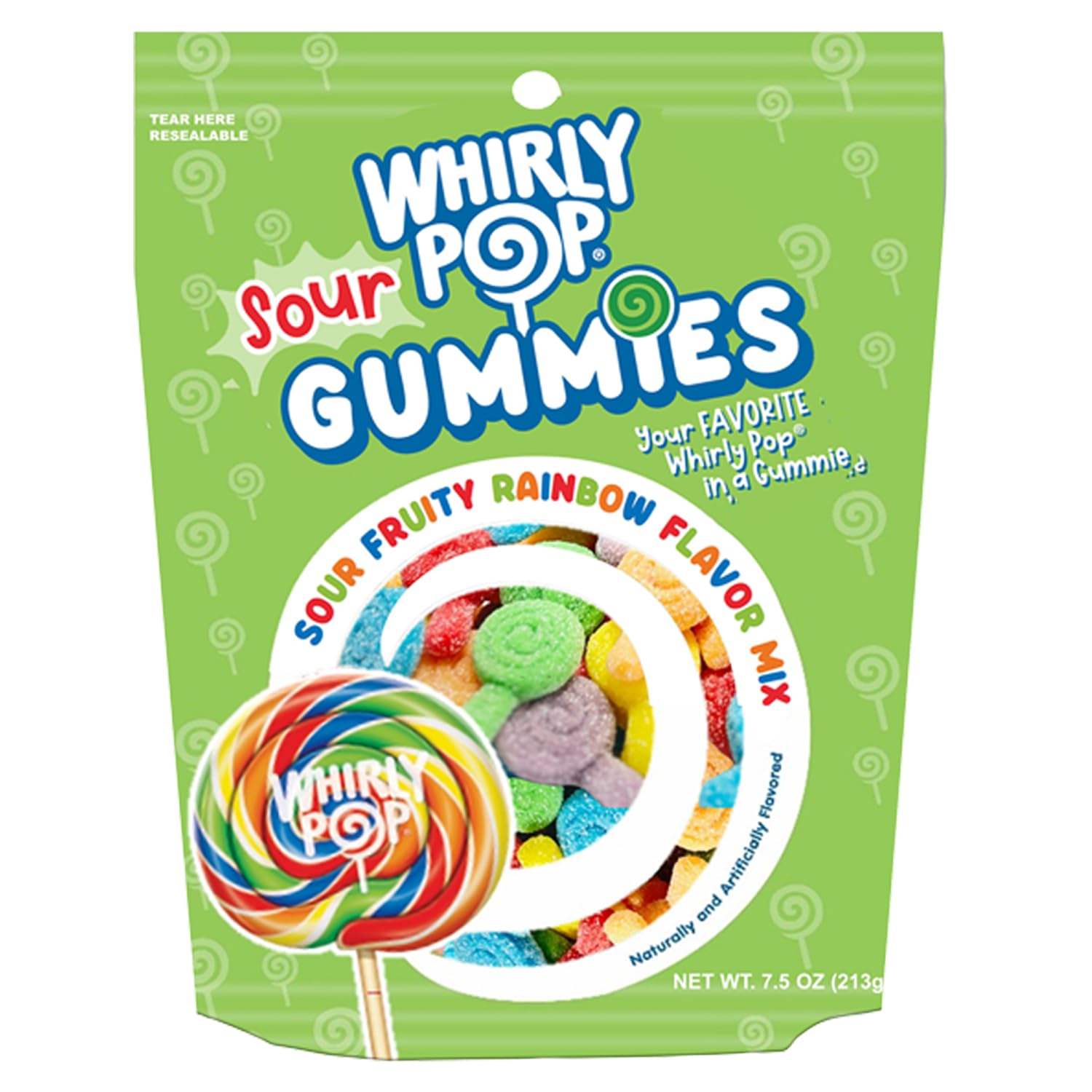 Whirly Pop Sour Gummies Candy - 7.5oz Resealable Bag (Pack of 1) - Lollipop Shape Rainbow Sour Gummy Candy with Mixed Fruit Flavors - Ideal Snack