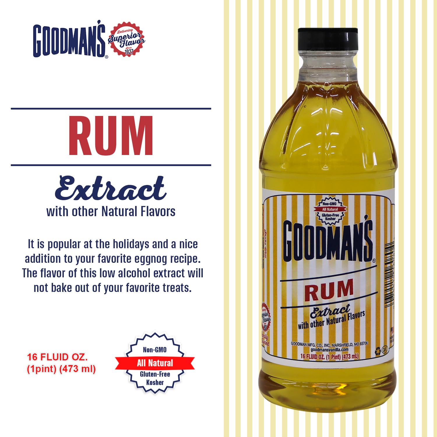 Goodman's Natural Rum Extract - Gluten-free, Non-GMO, Kosher, Low Carb & Low Calorie, Low Alcohol, No Artificial Color, No Animal Products, No Sugar