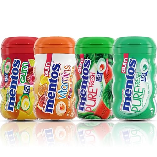 Mentos Gum Sugar Free | Xylitol Gum | 4 Mentos Bottles Variety - 50 Pieces each | Minty and Fruity Flavor Options | Ships in an Aromatik™ damage proof