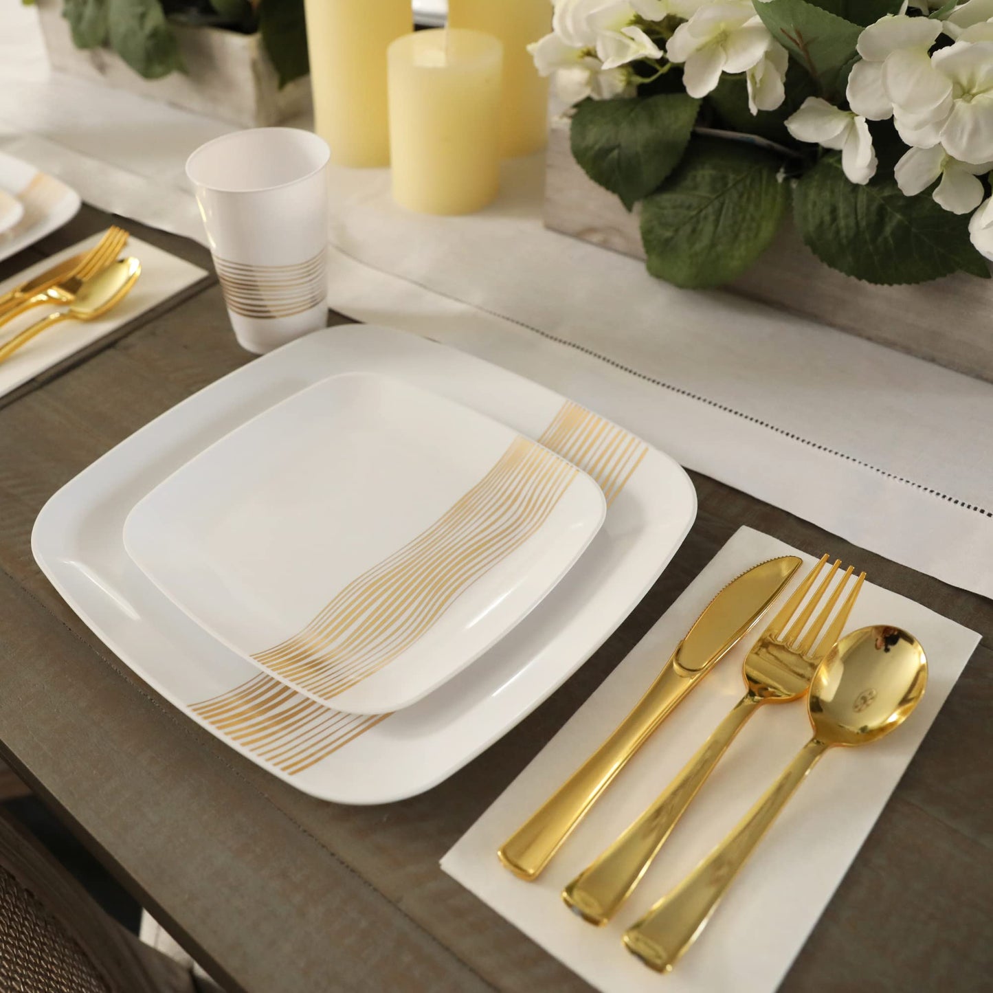 R-kay Gold Plastic Plates - 40 Pack - 20 Square 10.25'' & 20 Round 7.5'' Disposable Plates - Heavy Duty Plastic Plates for Party & Wedding