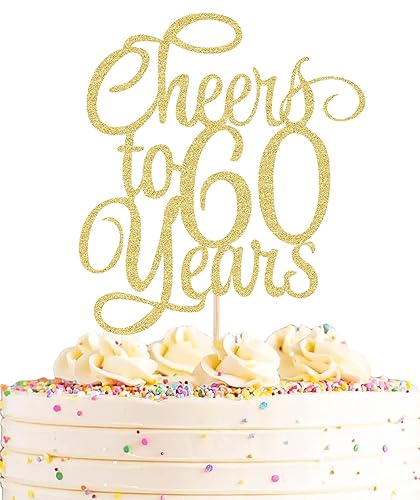 AHAORAY Cheers to 60 Years Cake Topper - Gold Glitter 60th Birthday Cake Decorating Supplies, Perfect for Wedding, Anniversary or Birthday Party