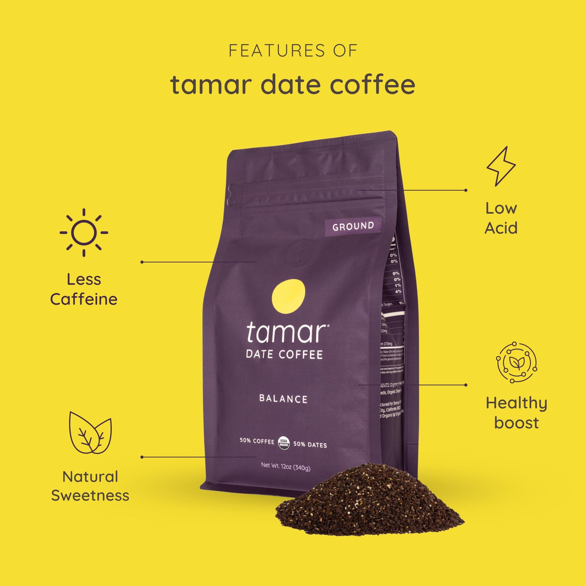 Balance by Tamar Date Coffee | Organic Ground Blend of Coffee & Whole Dates | Low Acid | Less Caffeine | Healthy Sweetness | Boost of Energy | Medium