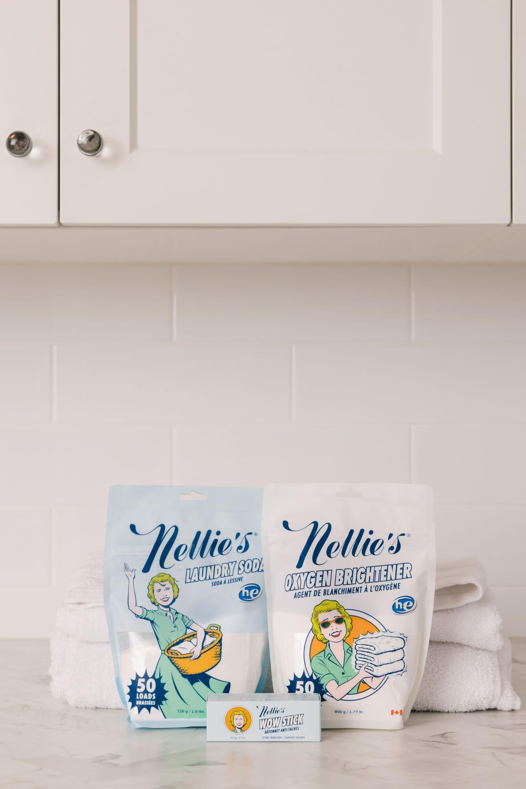 Nellie’s Complete Laundry Bundle - Concentrated Laundry Soda (50 Loads), Oxygen Brightener (50 scoops) & WOW Stick Stain Remover