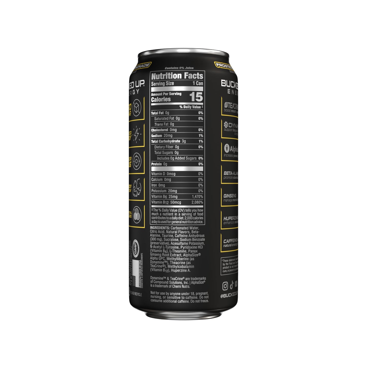 Bucked Up Energy Zero Sugar | 300mg Caffeine Energy Drink with AlphaSize TeaCrine Dynamine and Huperzine A | Zero Sugar Performance Beverage, 12 Pack