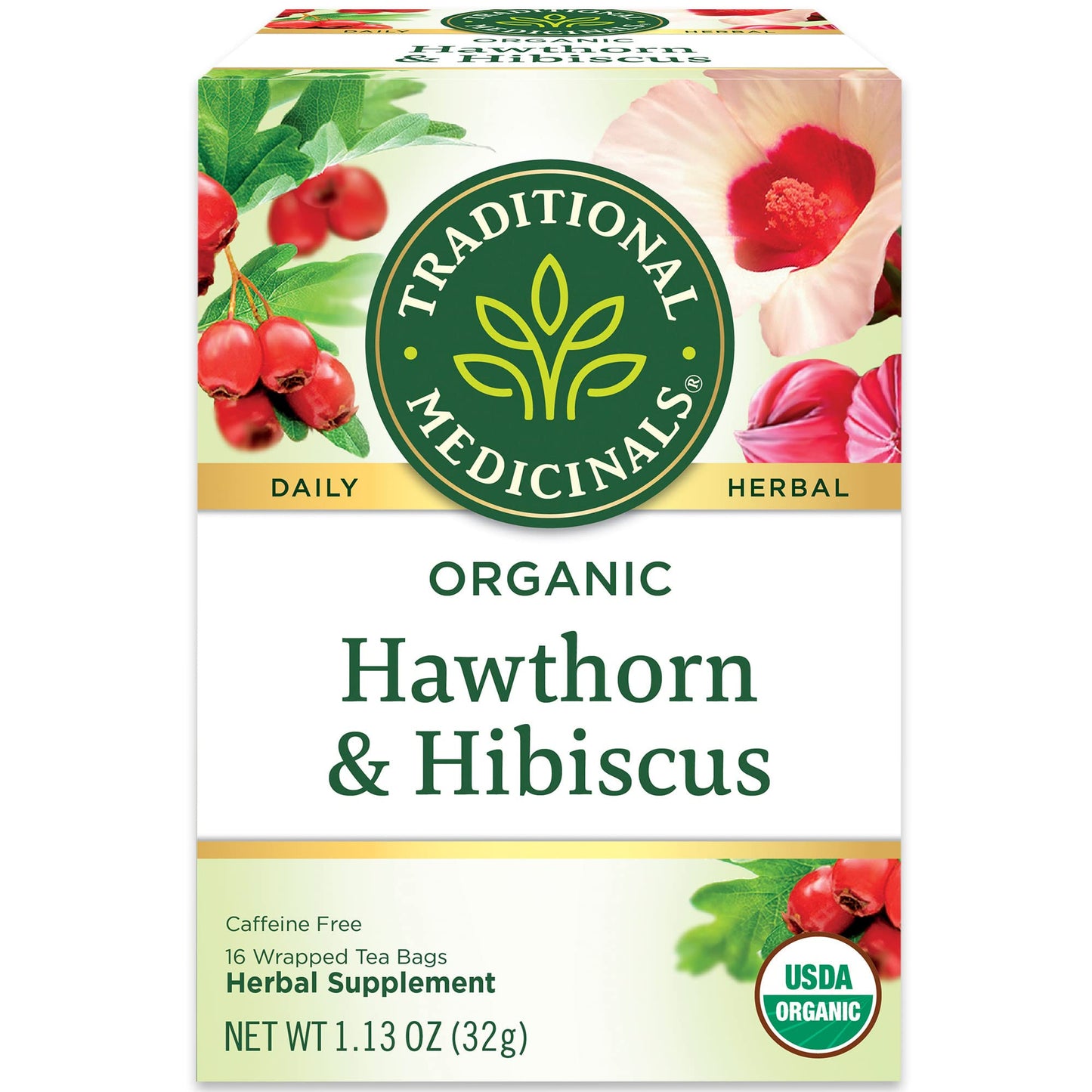 Traditional Medicinals Tea, Organic Hawthorn & Hibiscus, Promotes Heart Health, 16 Tea Bags (1 Pack)