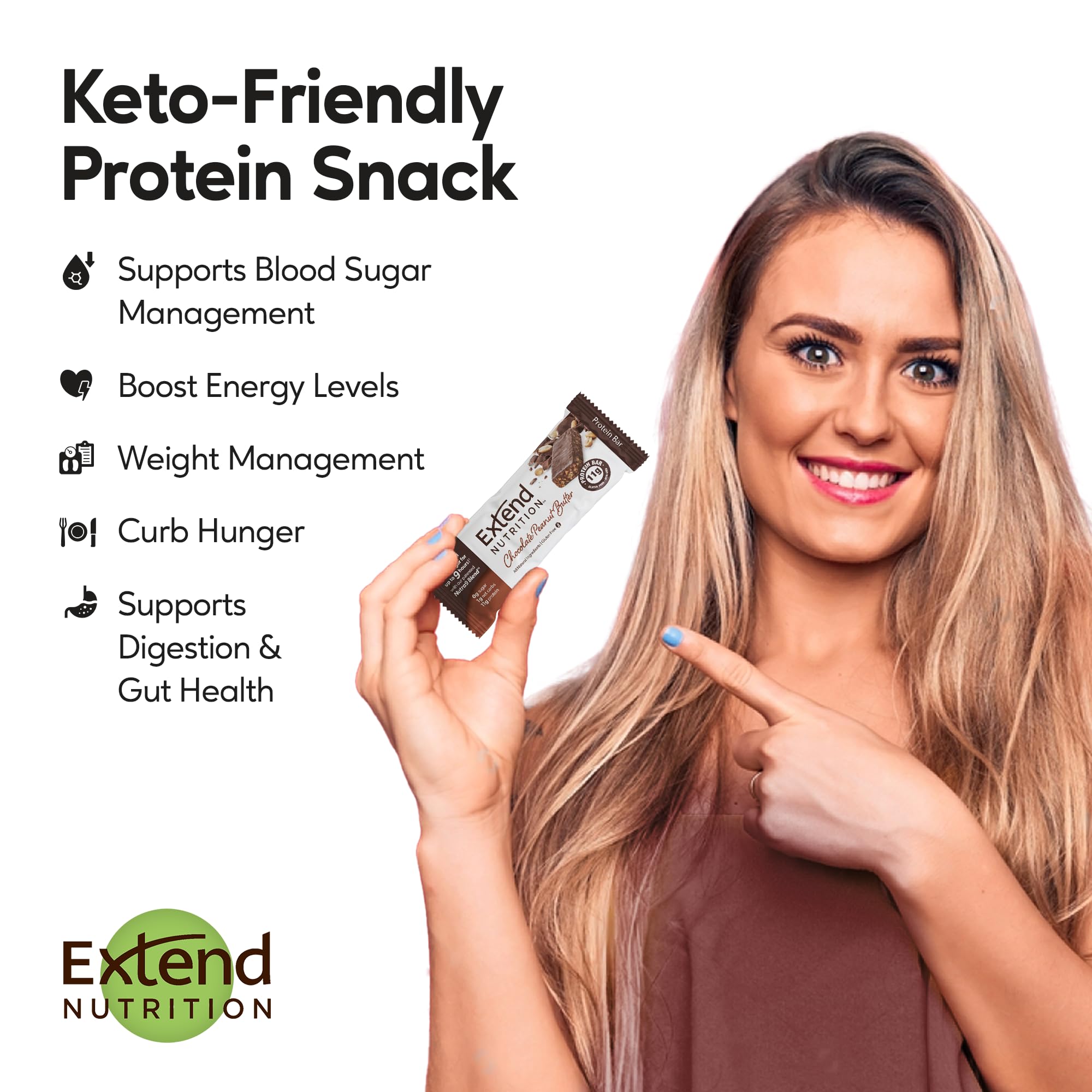 Extend Sugar Free Protein Bars, Perfect Diabetic Snacks, High Protein and Fiber, Hunger Control & Steady Energy, Low Carb, Keto Friendly (12 Count