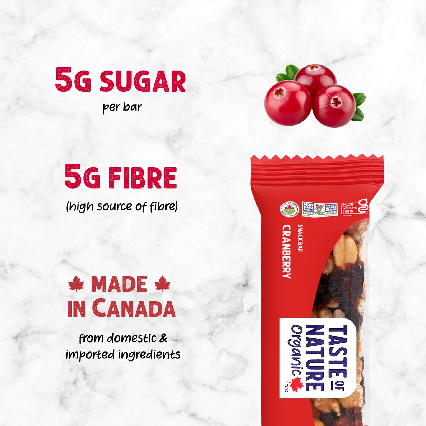 Taste of Nature Organic Cranberry Snack Bar - Healthy, Gluten Free, Non GMO, Vegan Snack Bars with Mixed Nuts, Fruits and Seeds - 16 Snack Pack x 40g