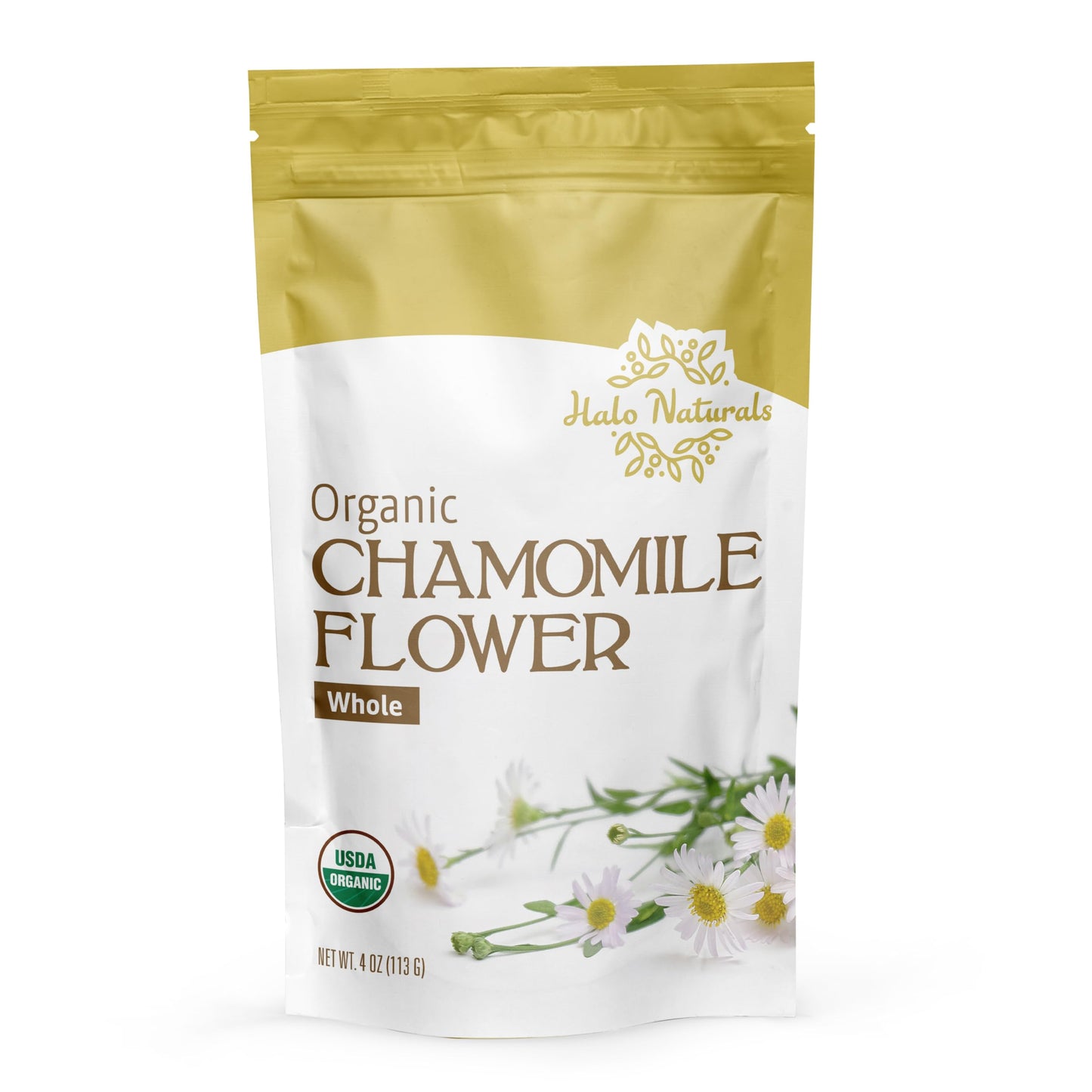 Halo Naturals Organic Chamomile Flower Whole Tea, 4 Ounces (Matricaria recutita) USDA Certified | Resealable Pouch| Packaged in The USA (Pack of 1)