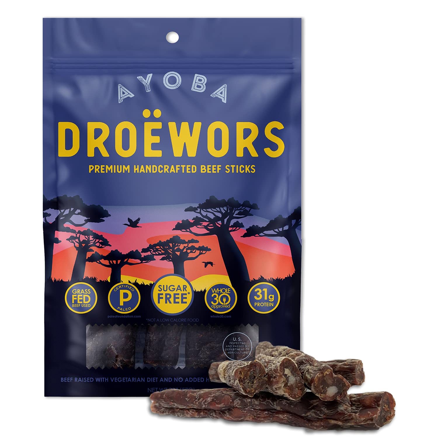 Ayoba Traditional Droewors Grass Fed Beef Paleo Sticks (2 Ounce, Pack of 1) - Keto Friendly, Air-Dried Beef Protein Snacks - Low Carb, Gluten Free