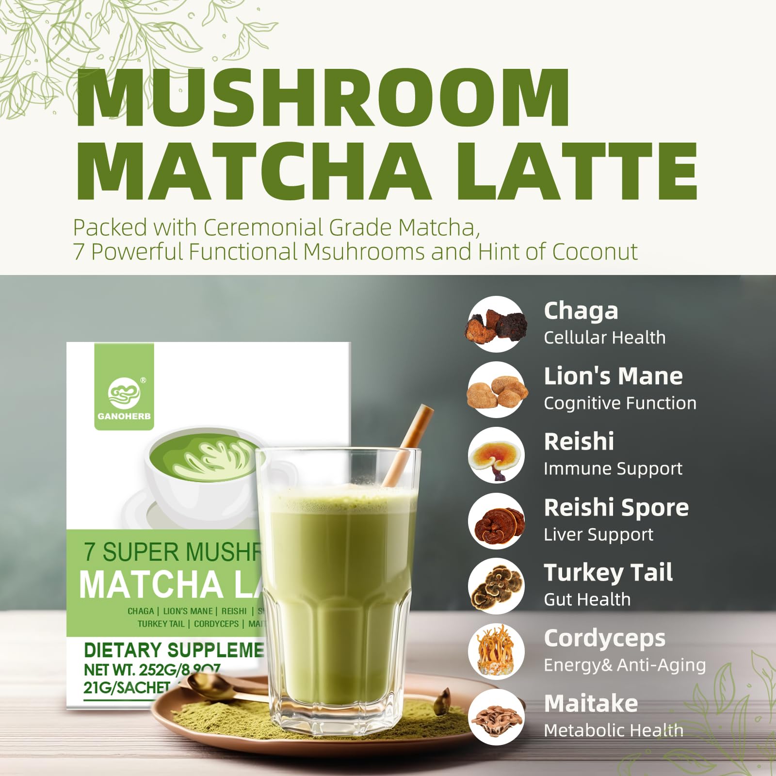 GANOHERB Mushroom Matcha Powder Latte Mix, 7.4 Ounce, 7 Superfood Mushrooms with 25% Beta-Glucans, Lions Mane, Reishi, Chaga, Coconut Powder