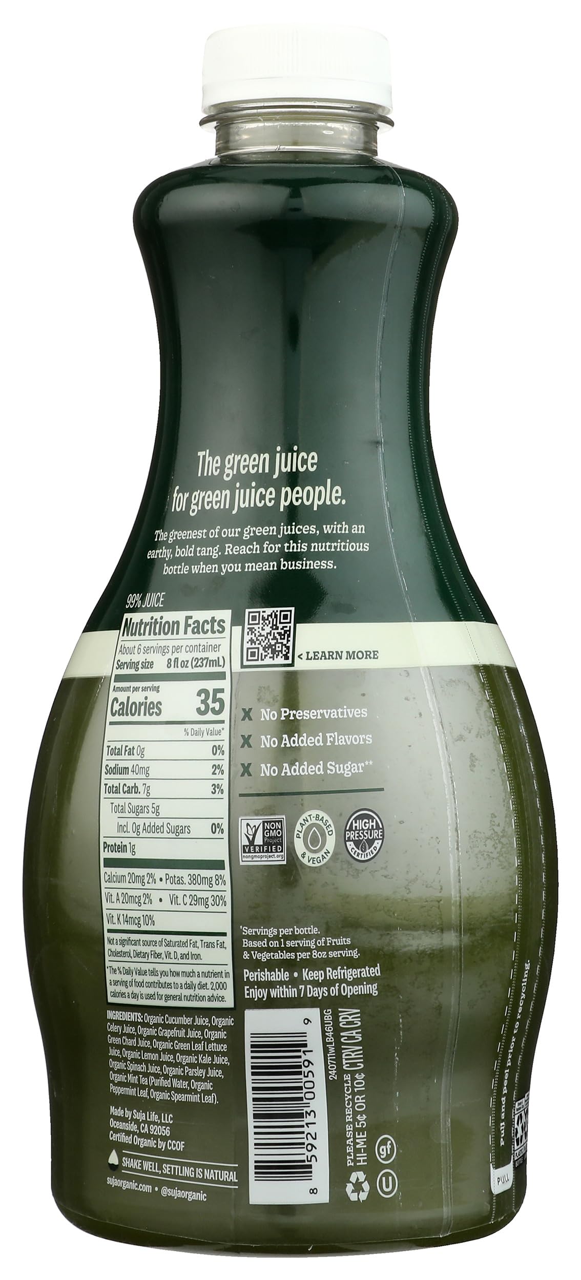 Suja Organic Cold-Pressed Uber Greens, Green Juice full of Leafy Green Cucumber, Celery, Chard, Lettuce, Kale & Grapefruit, Vegan, Plant-Based & USDA