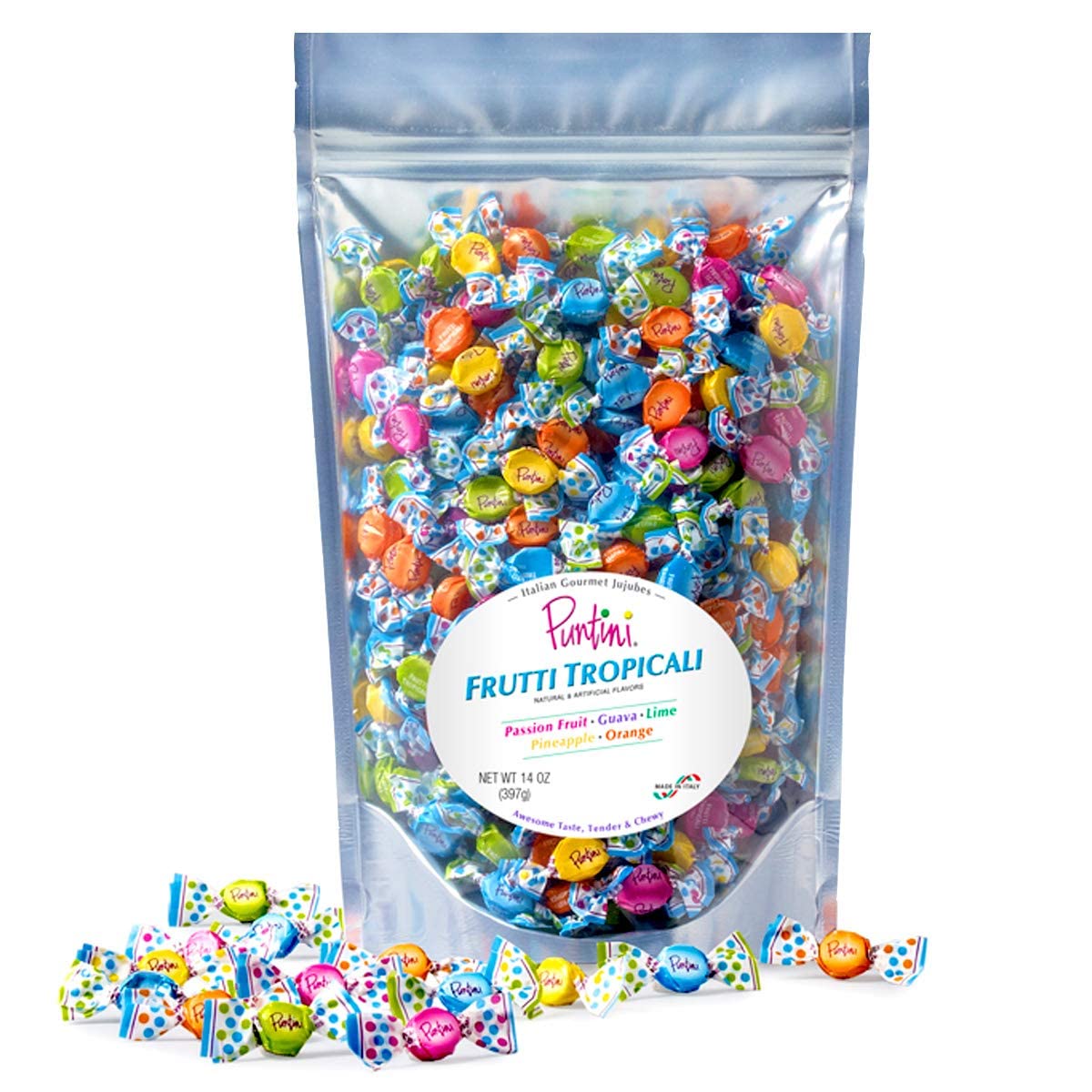 PUNTINI Frutti Tropicali Italian Gourmet Chewy Jujubes, Tropical Fruit Flavors, Individually Wrapped Vegan Candy, Gluten Free, Non-GMO, 14 oz