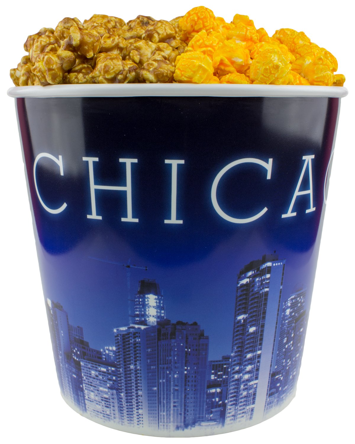Signature Popcorn - Gourmet 1-Gallon Blue Chicago Skyline Reusable Plastic Bucket Tin - Half Caramel Half Cheddar Cheese Flavor - Holiday, Party