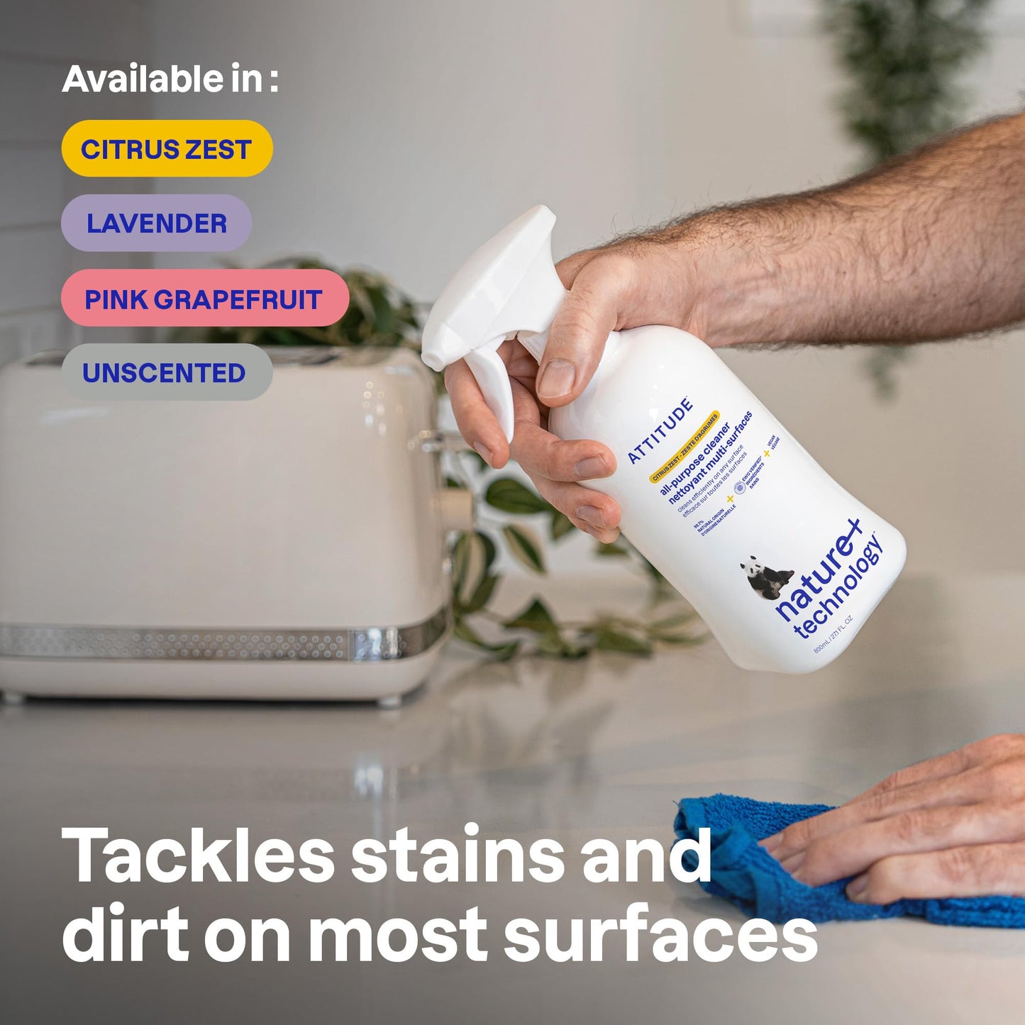 ATTITUDE All Purpose Cleaner Spray, EWG Verified, Vegan, Made with 94% Plant-Based Ingredients, Streak-Free for Kitchen, Bathroom, Glass & More