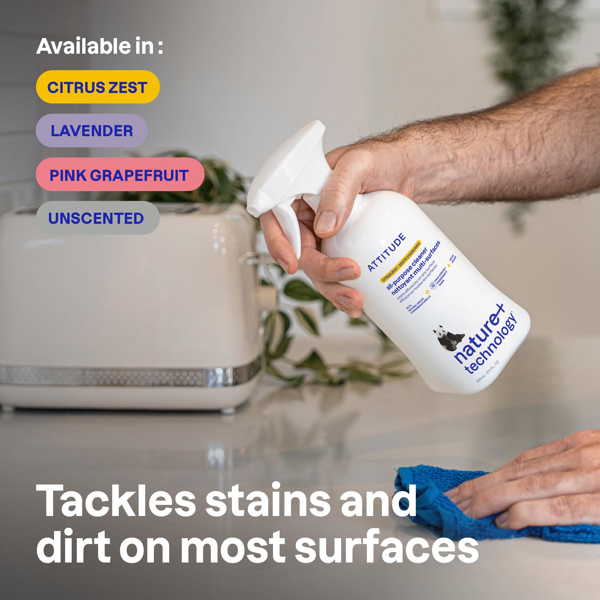 ATTITUDE All Purpose Cleaner Spray, EWG Verified, Vegan, Made with 94% Plant-Based Ingredients, Streak-Free for Kitchen, Bathroom, Glass & More