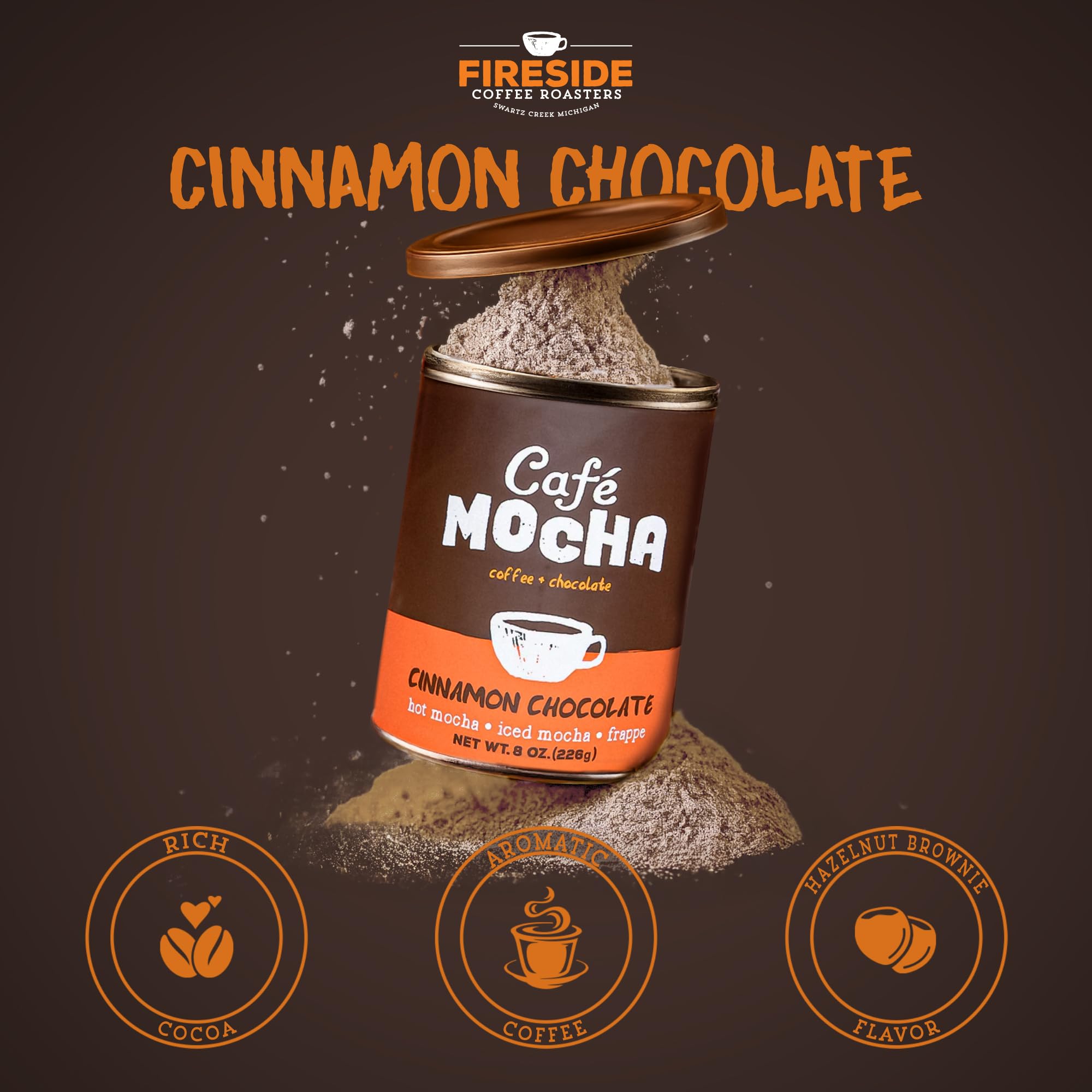 Fireside Coffee Cinnamon Chocolate Cafe Mocha - Instant Coffee Chocolate Blend - Premium Caffeinated Drink Mix for Hot, Iced, Milkshake, and Mocha