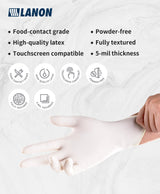 LANON 5 mil Latex Disposable Gloves, Food-Contact Grade, Powder-Free, Fully Textured, White, Small