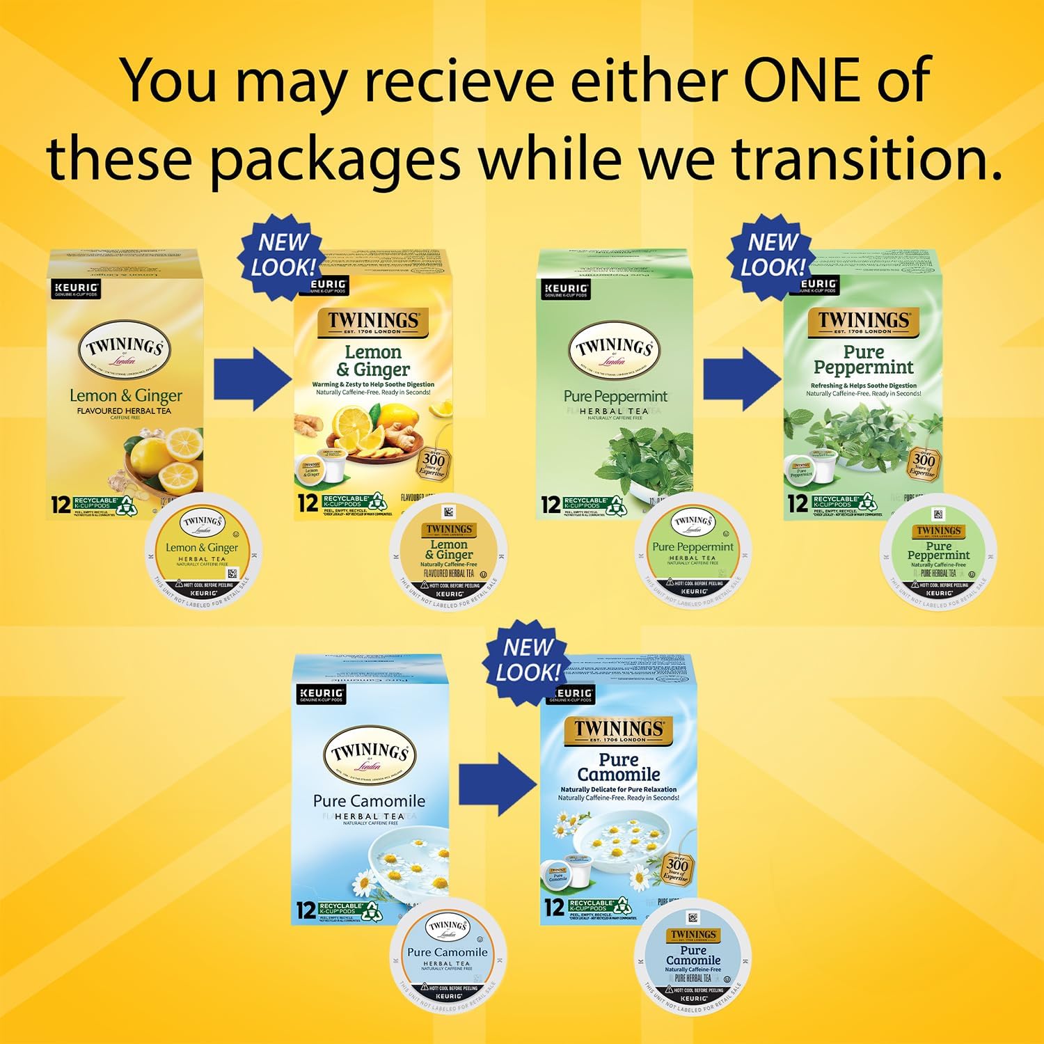 Twinings Herbal Tea K-Cup Pods for Keurig, Variety 3-Pack - Pure Peppermint, Pure Camomile + Lemon & Ginger Tea K-Cups, Naturally Caffeine-Free, 12