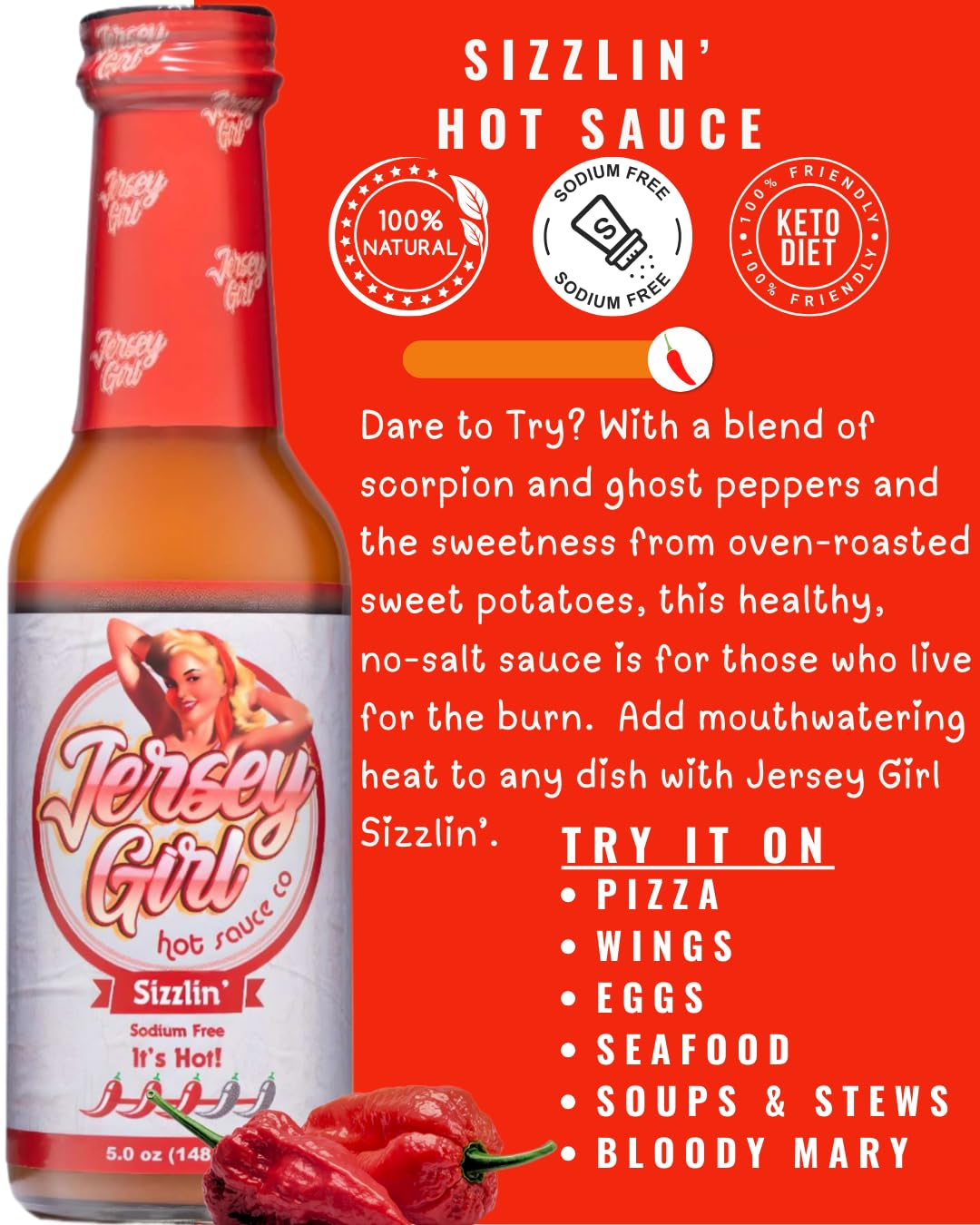 Jersey Girl Hot Sauce Co Sizzlin' No Sodium/Salt Free Hot Sauce - Made with Scorpion & Ghost Pepper 5 Oz (Spicy) All Natural Ingredients
