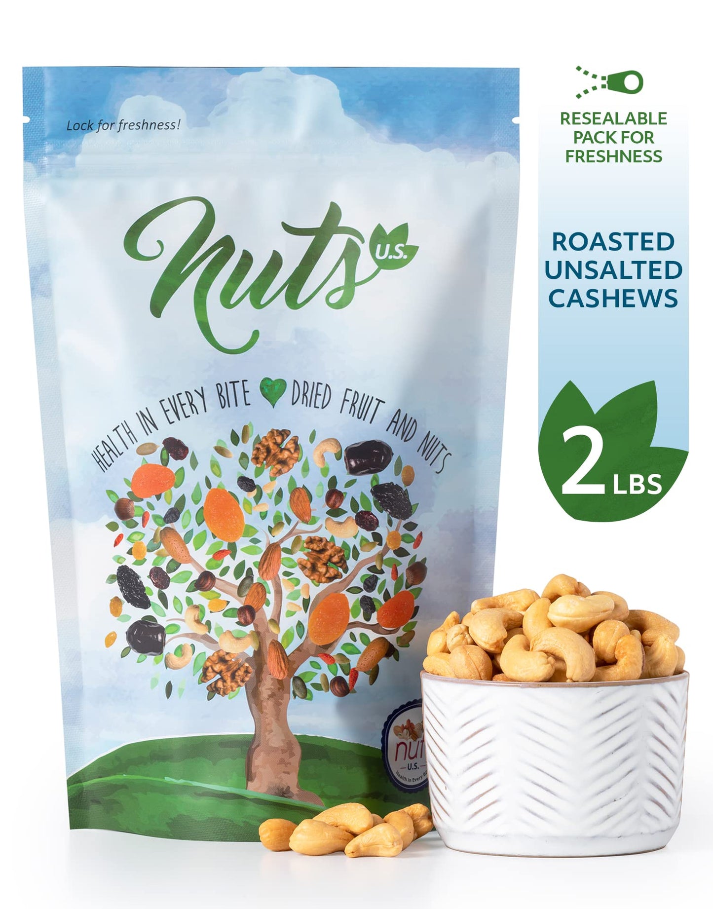NUTS U.S. - Roasted and Unsalted Cashews | Whole Kernels (80%) and Pieces | Just Right Crispy and Delicious | Natural Cashews!!! (2 LBS)