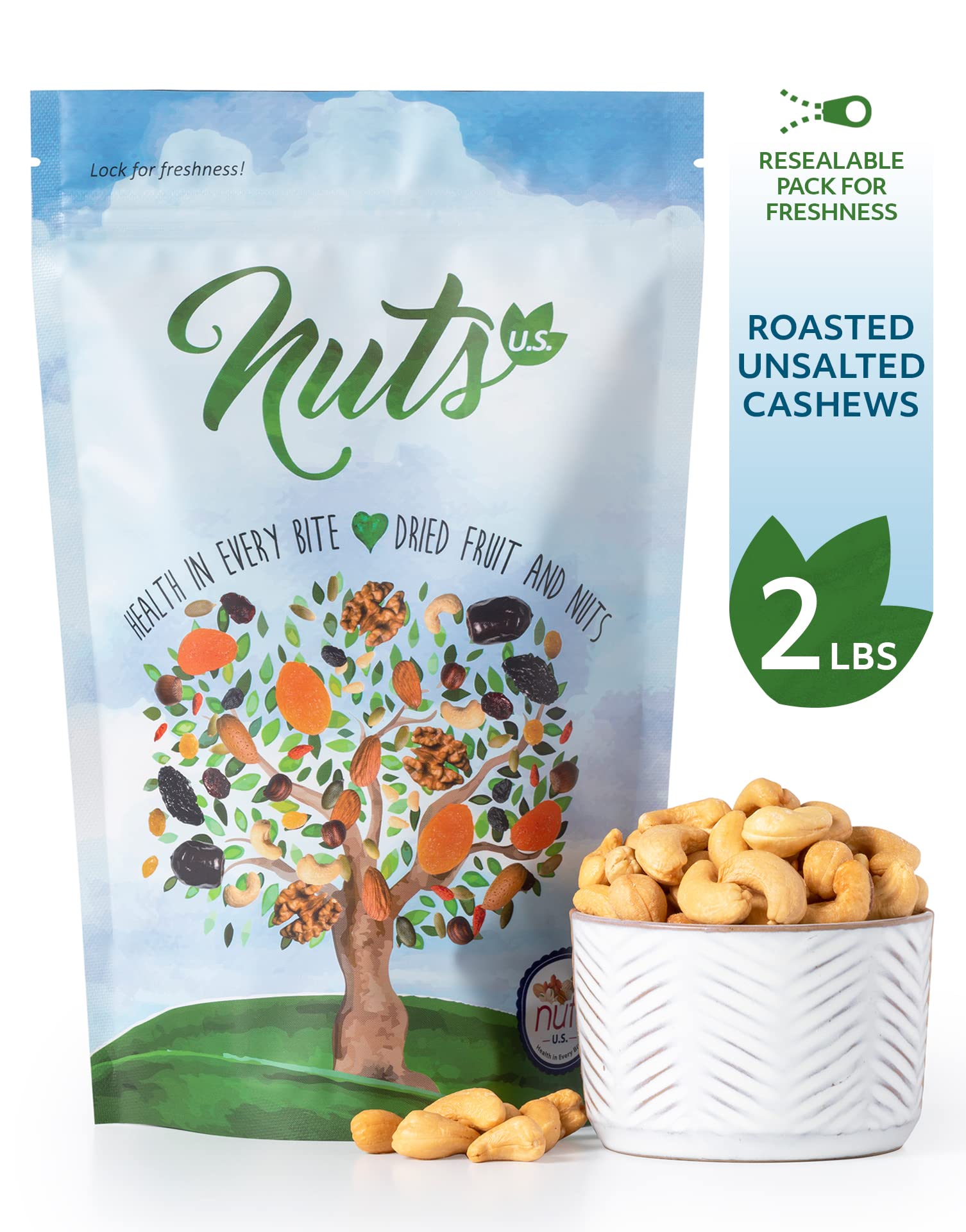 NUTS U.S. - Roasted and Unsalted Cashews | Whole Kernels (80%) and Pieces | Just Right Crispy and Delicious | Natural Cashews!!! (2 LBS)