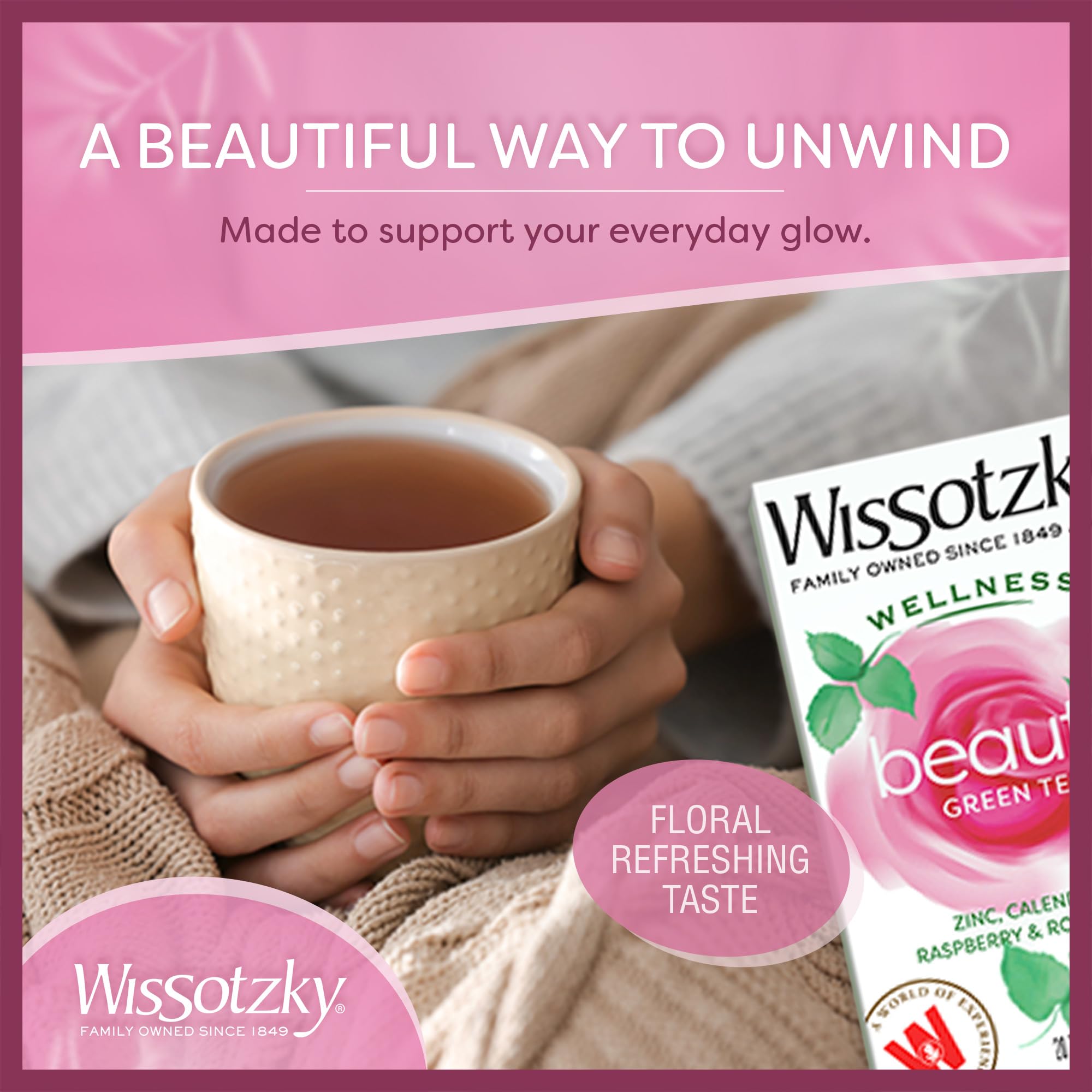 Wissotzky Wellness Beauty Green Tea, 20 Tea Bags | With Rooibos, Calendula, Raspberry & Rose | Radiance-Supporting Herbal Blend | Antioxidant-Rich |