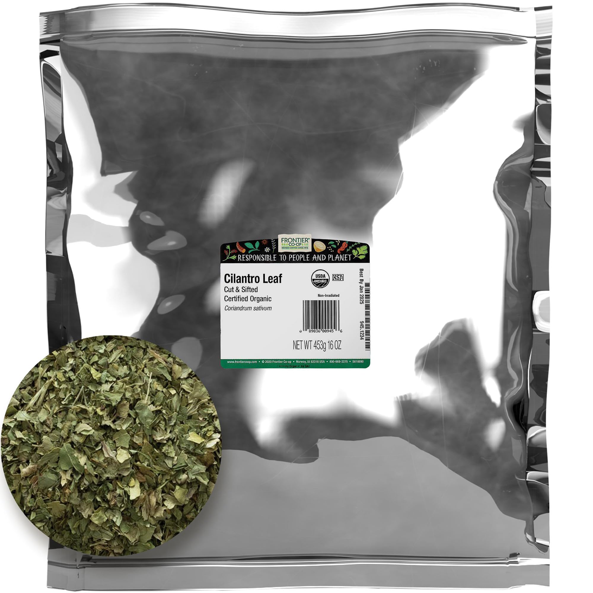 Frontier Co-op Organic Cilantro Leaf, Cut and Sifted, 1lb Bulk Bag - Dried Cilantro Seasoning - Perfect for Tea, Soups, Sauces, Salsa and More