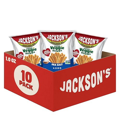 Jackson’s Super Veggie Straws™ (Sea Salt, 1 oz, Pack of 10) - Gluten Free, Vegan, Snacks for Kids & Adults - Made with Avocado Oil