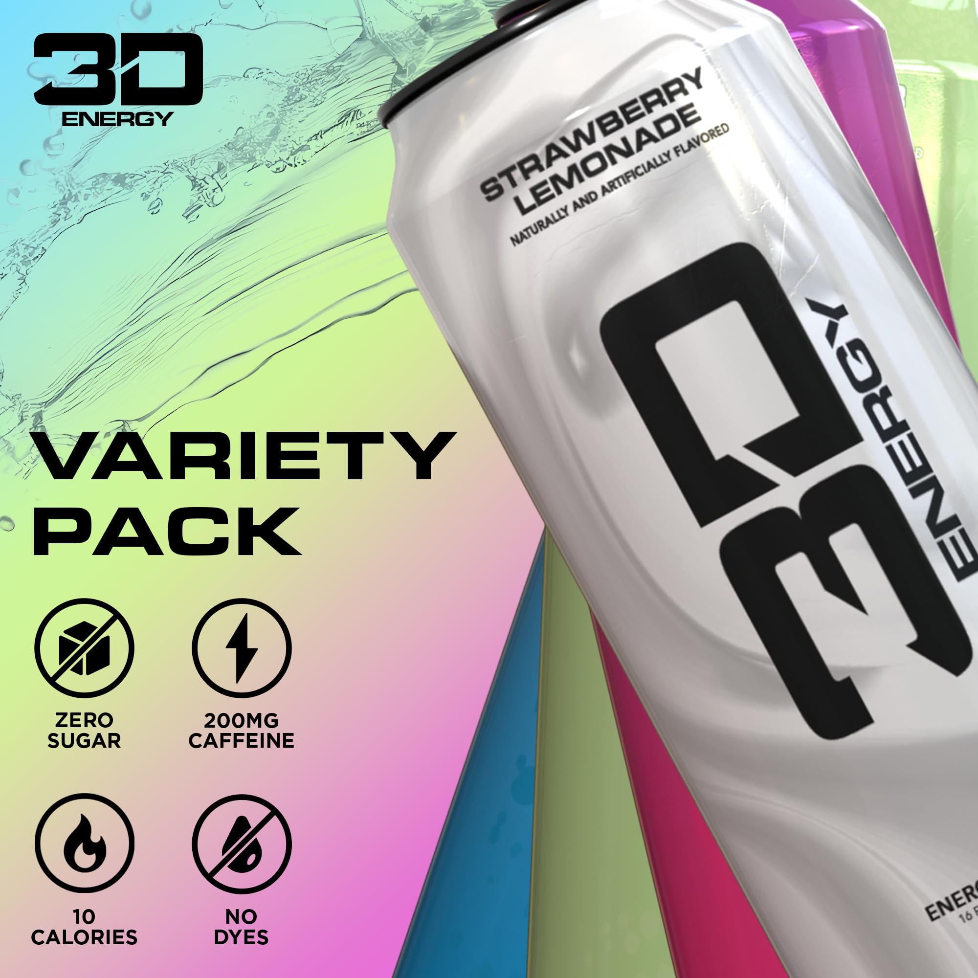3D Sugar-Free Energy Drinks, Variety Pack - Clean Energy Drink with 200mg Caffeine, Taurine & L-Carnitine - Pre Workout Fitness Drink for Gym