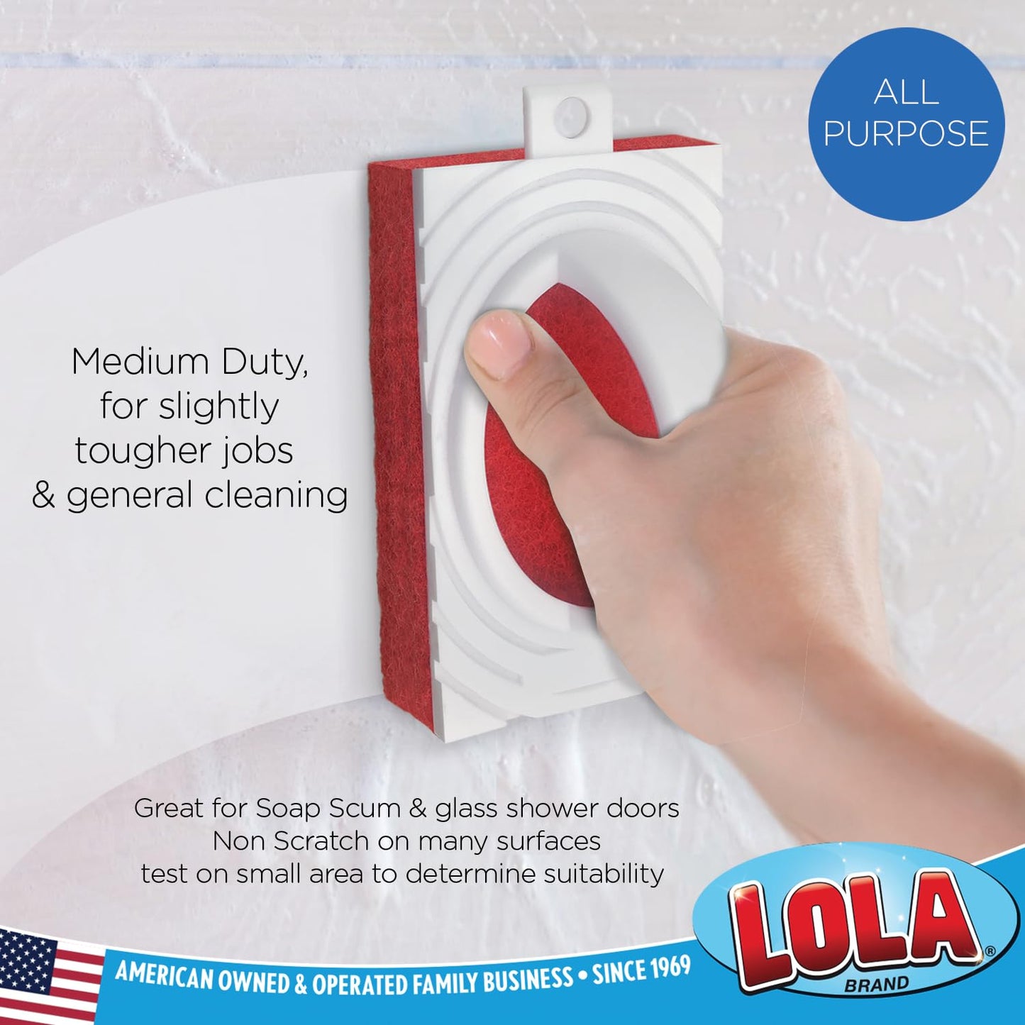 LOLA All Purpose Scrubber, Medium Duty Fiber Pad, Bath and Tile Scrubber, Grip Handle, Multi-Surface Cleaner, 1 Pack