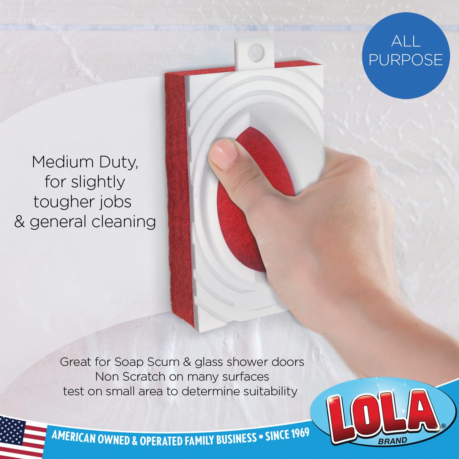 LOLA All Purpose Scrubber, Medium Duty Fiber Pad, Bath and Tile Scrubber, Grip Handle, Multi-Surface Cleaner, 1 Pack