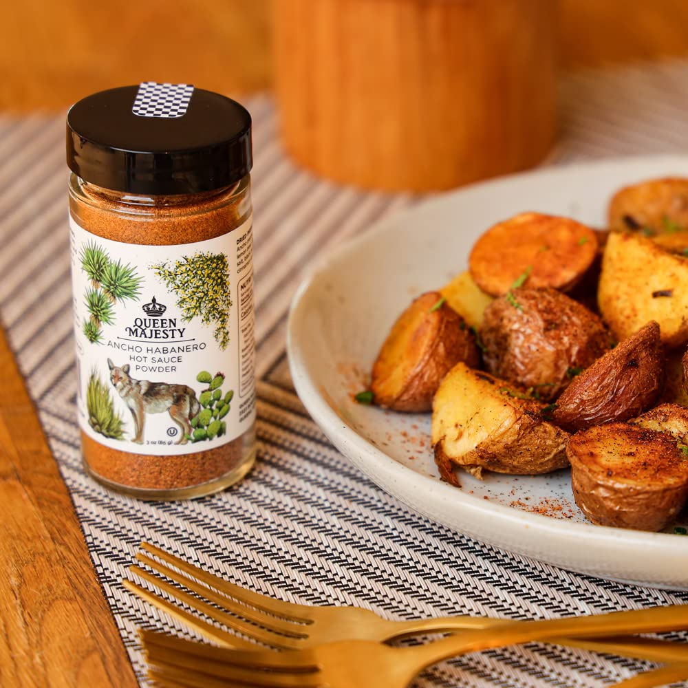 Queen Majesty ANCHO HABANERO HOT SAUCE POWDER net weight 1.8oz (50g) - All Natural Ancho Habanero Chili Seasoning and Shake, Vegan, Gluten Free, non