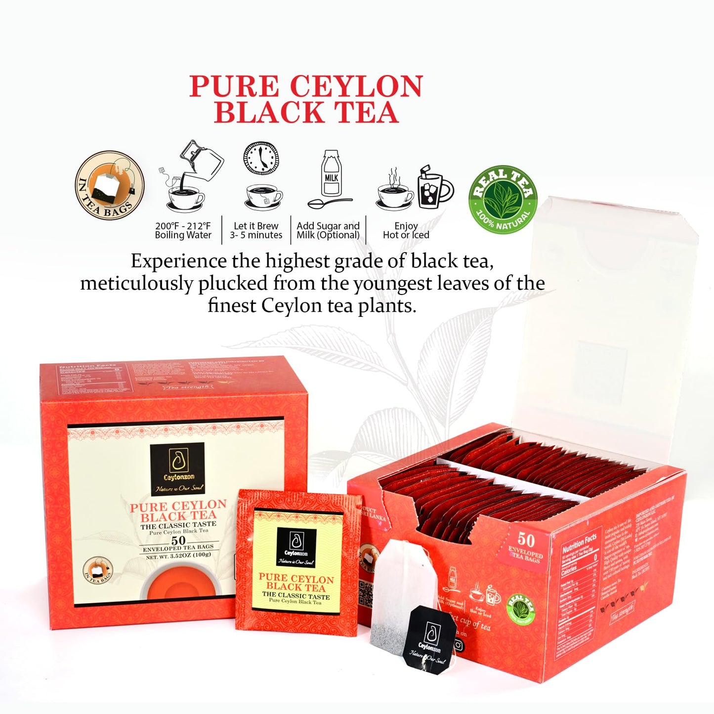 Ceylonzon Pure Ceylon Black Tea Classic Taste 50 Individually Foil-Wrapped Tea Bags, Premium BOPF SriLankan Tea with Rich Antioxidant, Perfect for Hot