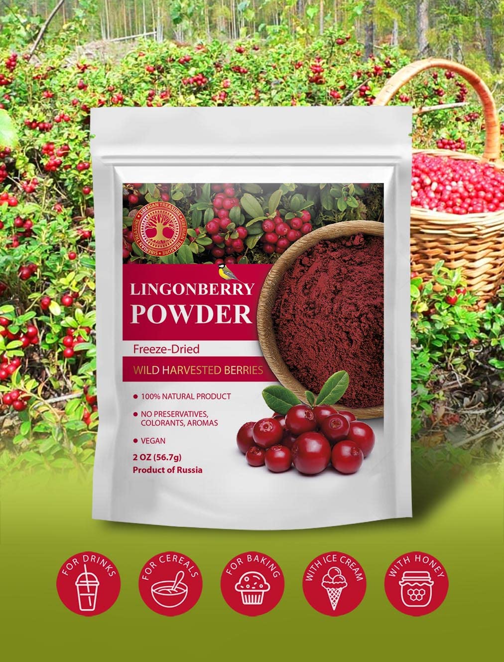 Wild Harvested Lingonberry Freeze-Dried Powder - 2 Oz - Natural Lingonberry Powder, No added sugar, No GMOs