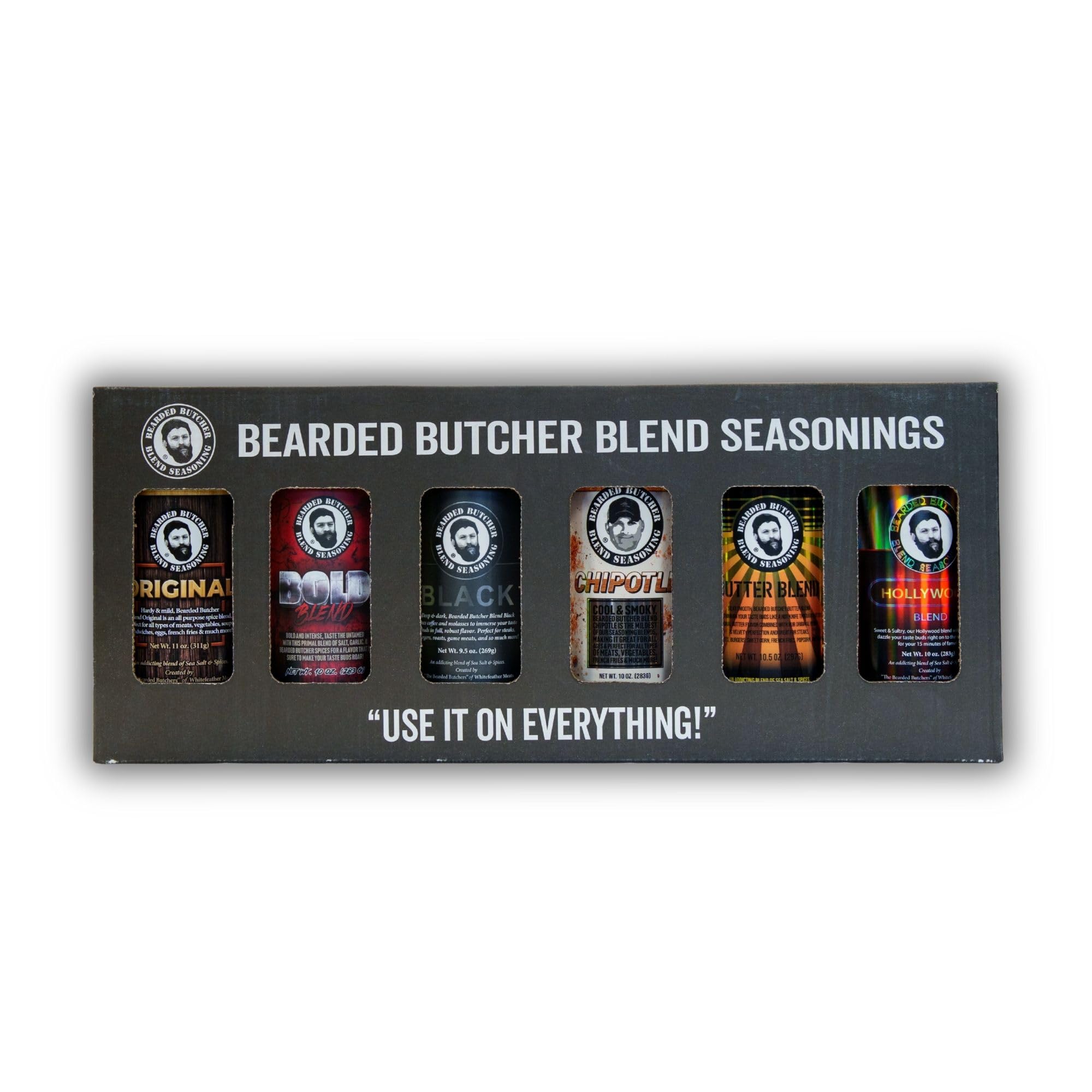 Bearded Butchers Signature 6-Pack Seasoning Bundle - Original, Bold, Black, Chipotle, Butter & Hollywood Blends - Mild Spice, Gluten-Free, No MSG