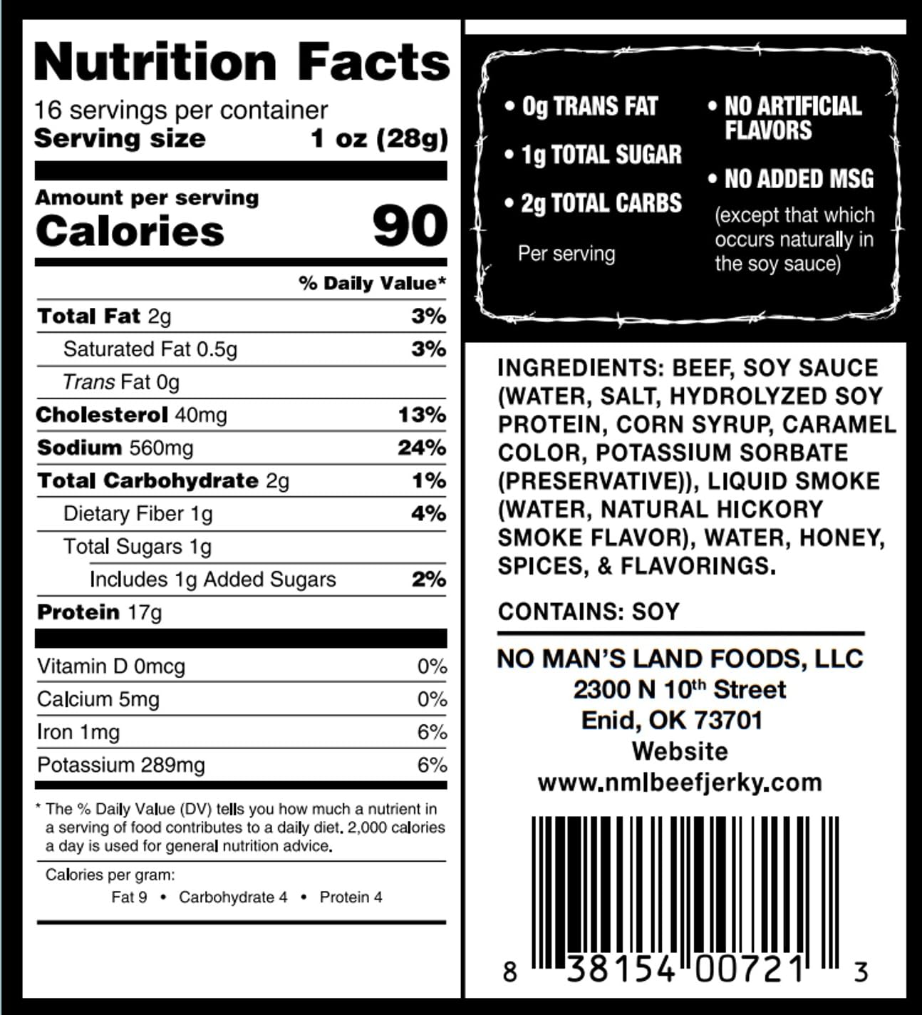 No Mans Land Premium Beef Jerky | 17G High Protein Slow-Dried Beef Snack | Smoked & Seasoned Jerky Strips | HOT 16oz Bag