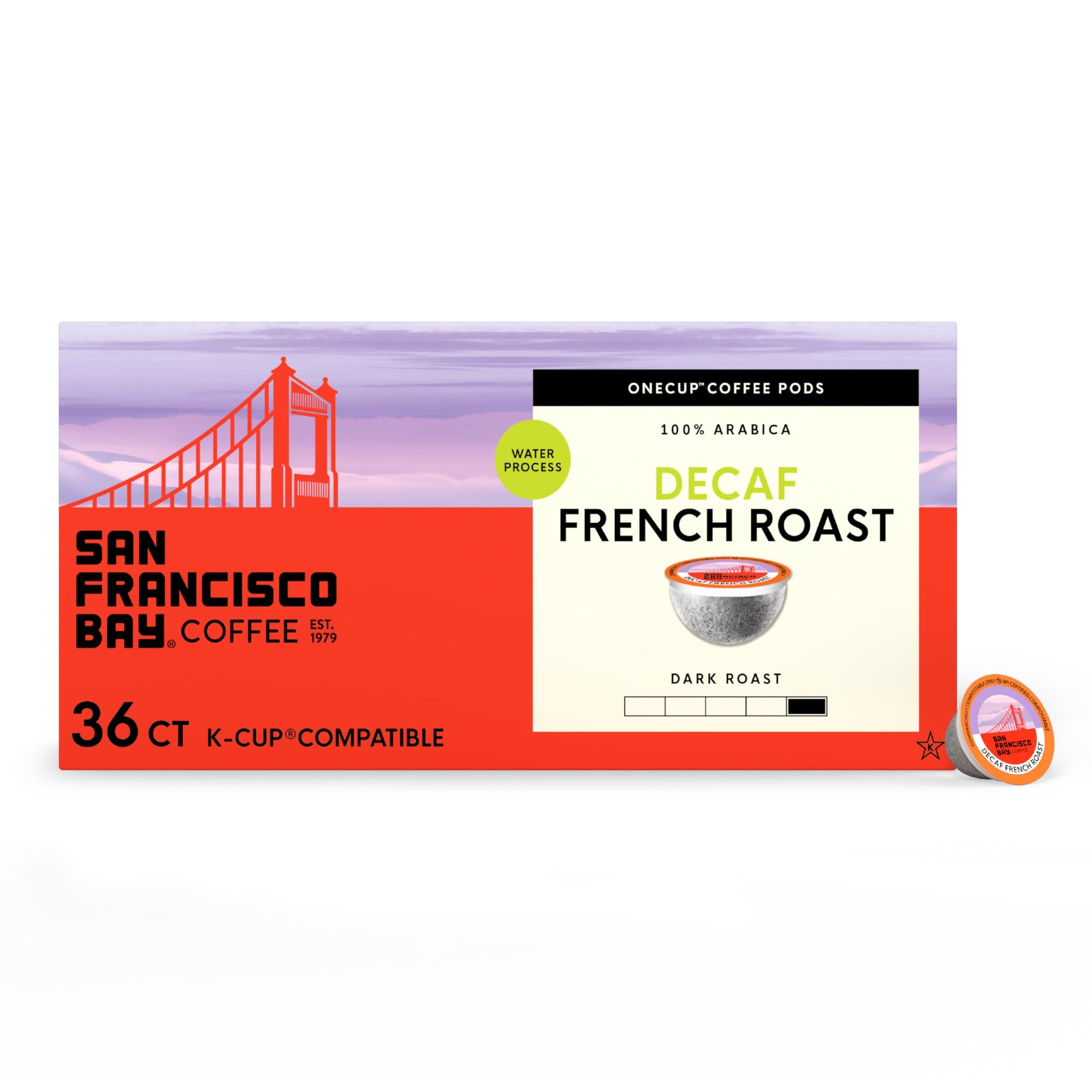 San Francisco Bay Decaf K-Cup Coffee Pods, Decaf French Roast (36 ct), Dark Roast, Commercially Compostable Single-Serve Coffee Pods, Swiss Water